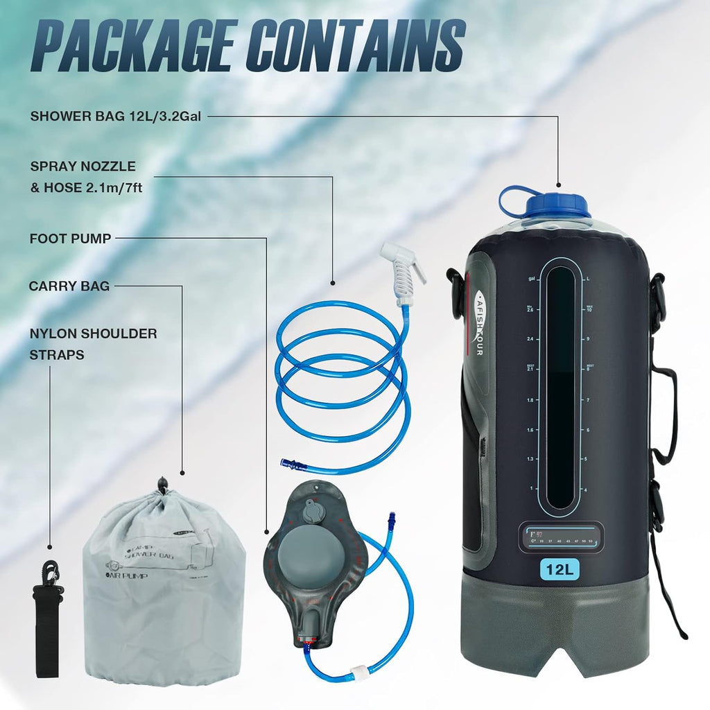 Portable Camping Shower Bag - 12L/3.17 Gallons Solar Shower Water Bag with Foot Pump and Shower Head - Camp Shower for Camping, Beach, Travel, Outdoor Activities