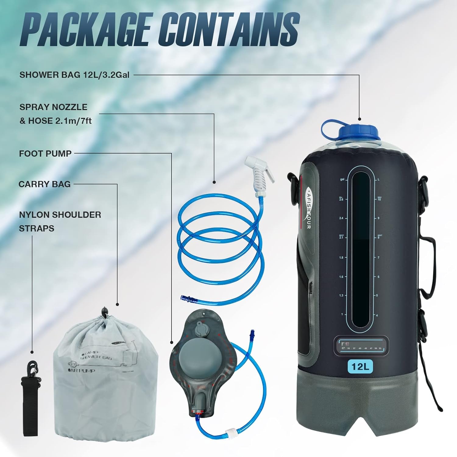 Portable Camping Shower Bag - 12L/3.17 Gallons Solar Shower Water Bag with Foot Pump and Shower Head - Camp Shower for Camping, Beach, Travel, Outdoor Activities