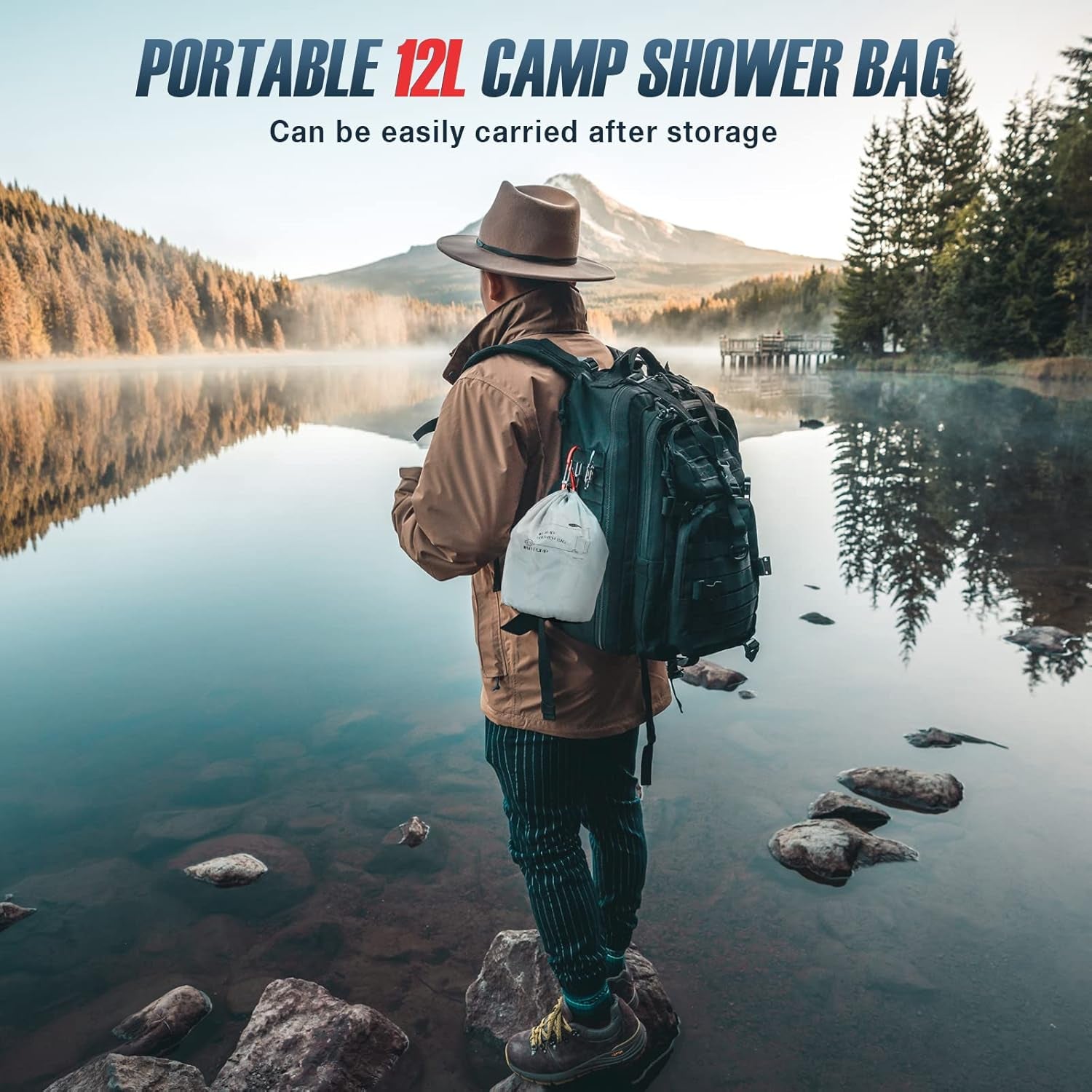 Portable Camping Shower Bag - 12L/3.17 Gallons Solar Shower Water Bag with Foot Pump and Shower Head - Camp Shower for Camping, Beach, Travel, Outdoor Activities