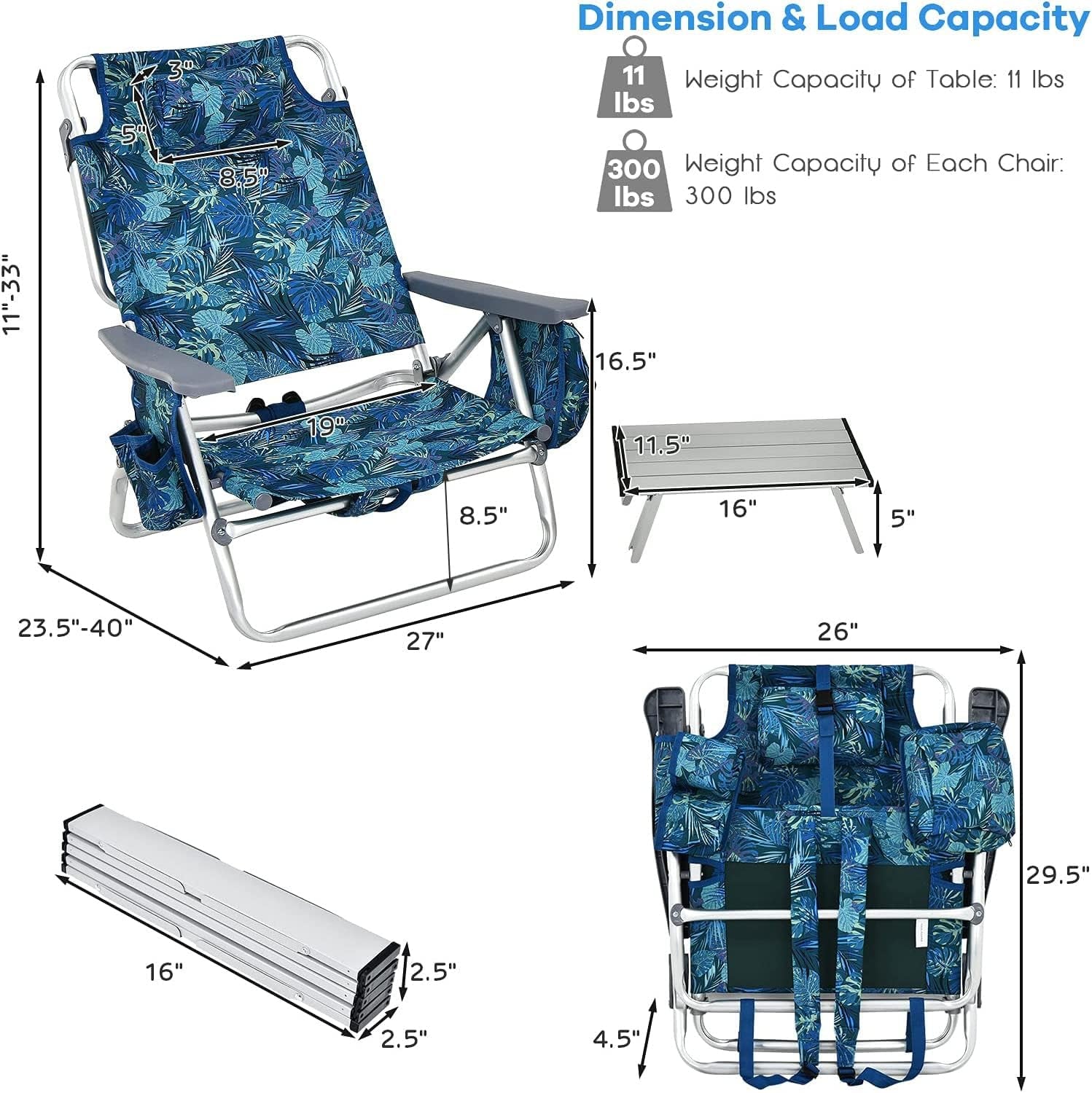 Beach Chair, Folding Backpack Beach Chairs for Adults with 5 Positions, Head Pillow, Cooler Bag, Towel Bar, Cup Holders, Sunbath Sling Tanning Lounge, Foldable Layout Camping Chairs