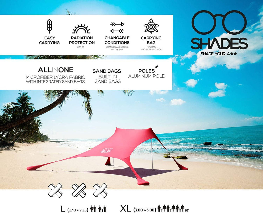 Beach Tent Extra Large Beach Shelter 6 Adults, Sun Shade, Beach Canopy, Beach Shade with 2 Aluminum Poles and Sand Bags(Light Blue, XL)
