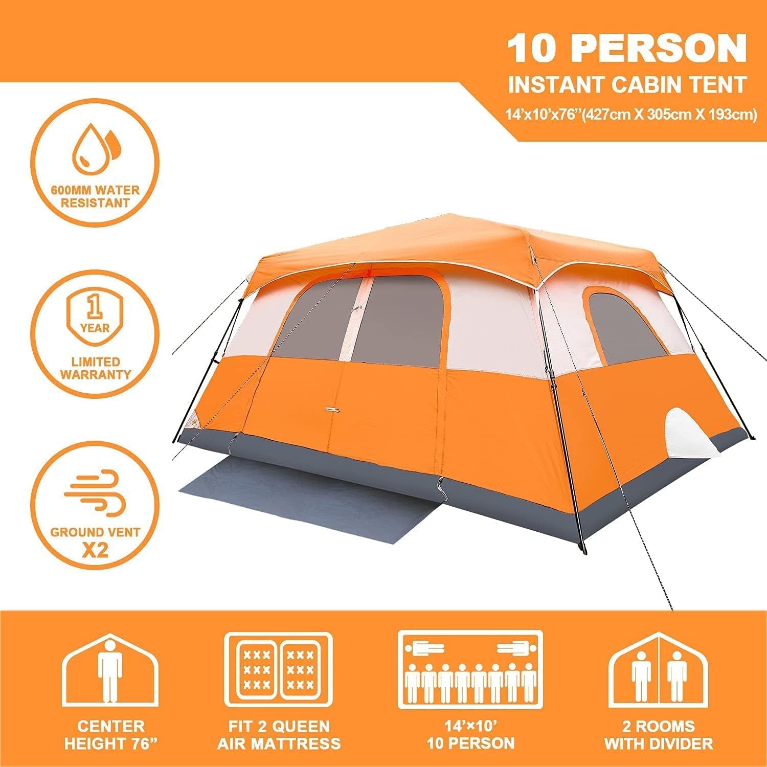 Tent, 10 Person 60 Sec Setup Family Camping Tent, Waterproof & Windproof Tent with Top Rainfly, Instant Cabin Tent, Upgraded Ventilation System (Orange)