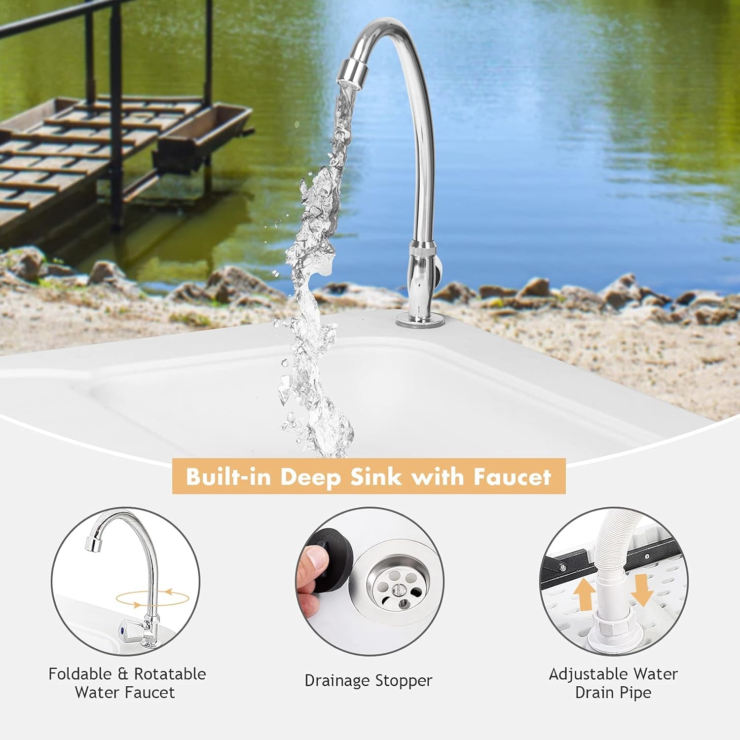 Fish Cleaning Table, Portable Camping Sink with Faucet, Outdoor Picnic Foldable Washing Table, White