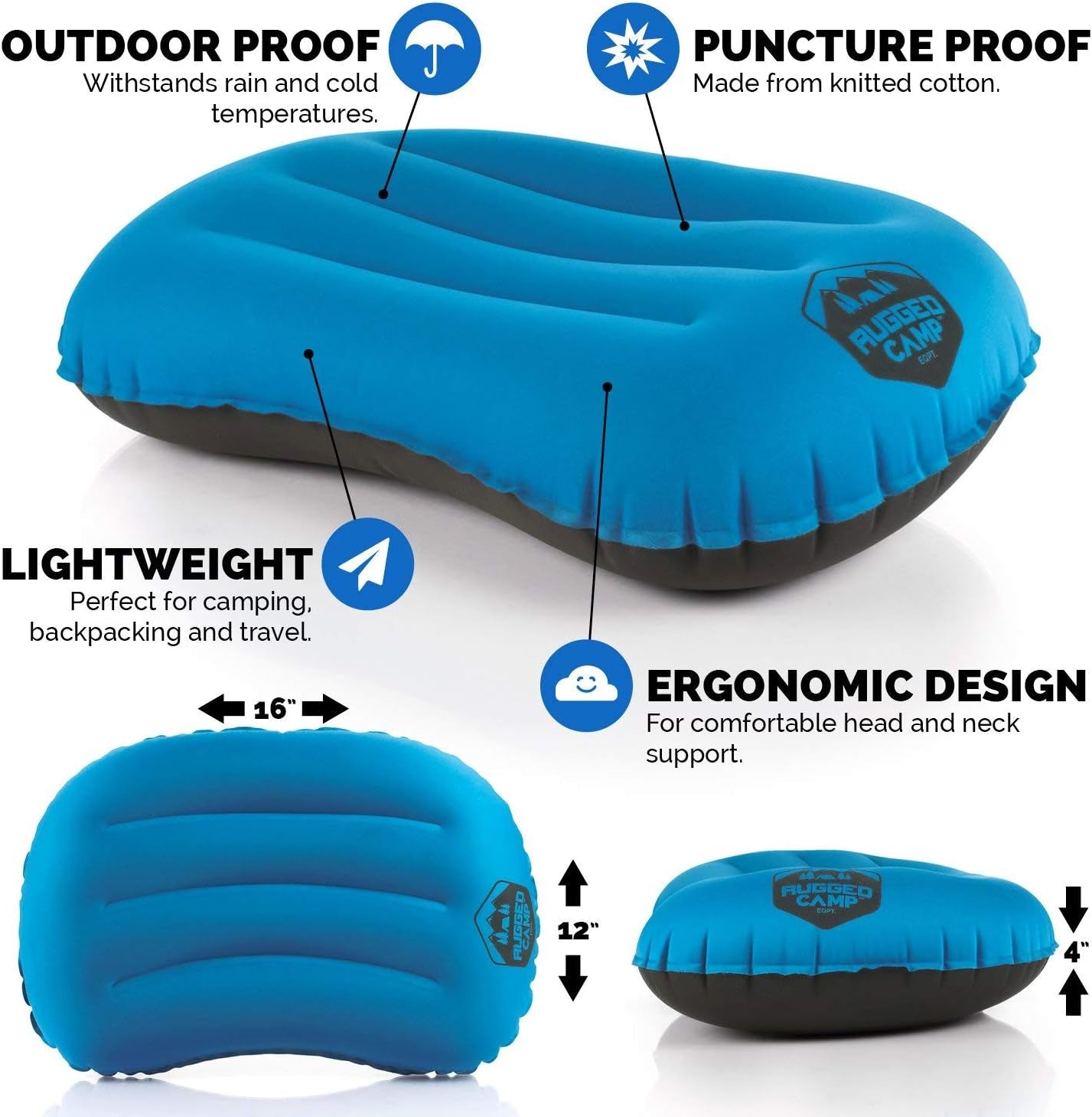 Compressible Inflatable Camping Pillow - Backpacking & Beach Use, Multiple Colors, Ergonomic Neck & Lumbar Support