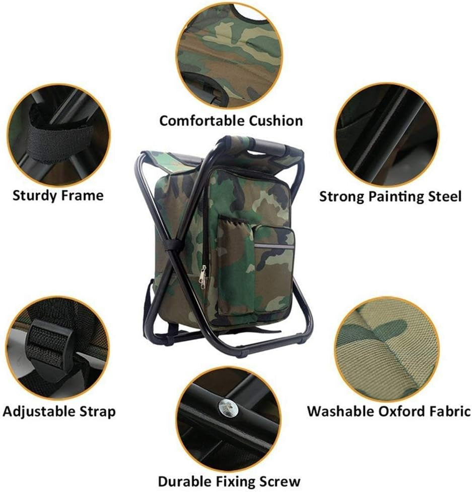 Backpack Chair Foleable Camping Fishing Stool with Cooler Insulated Bags Multifunction Hunting Backpack Chair Stool for Outdoor Hiking Ice Fishing(Camouflage)