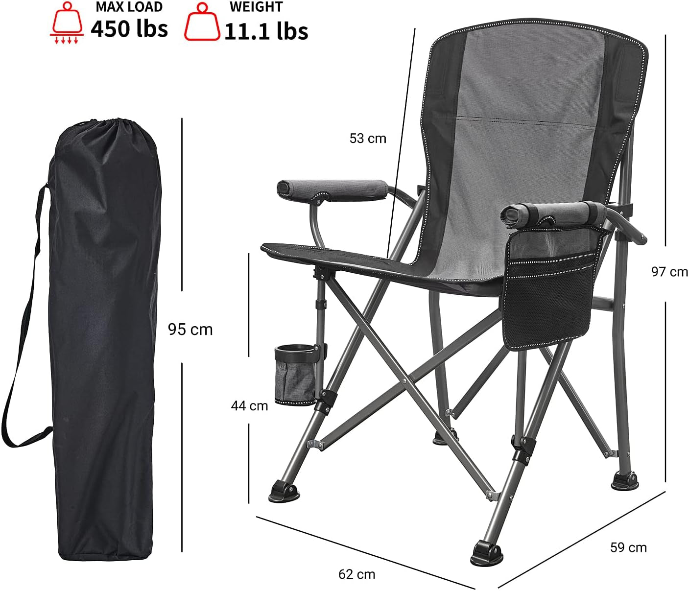 Portable Camping Folding Chair with Carrying Bag, Cup Holder Included, Holds up to 450 Lbs (Grey/Black) (Grey-2)