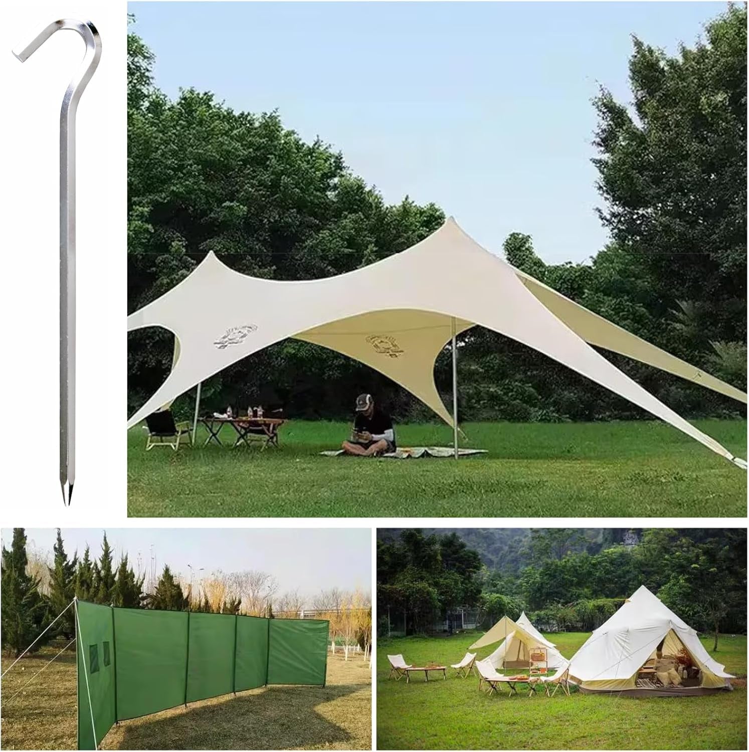 Camping Tent Stakes Pegs Metal Stake for Ground with Reflective Guylines Guy Rope Adjusters Tensioner Hiking Backpacking (Orange - 4 Pack)
