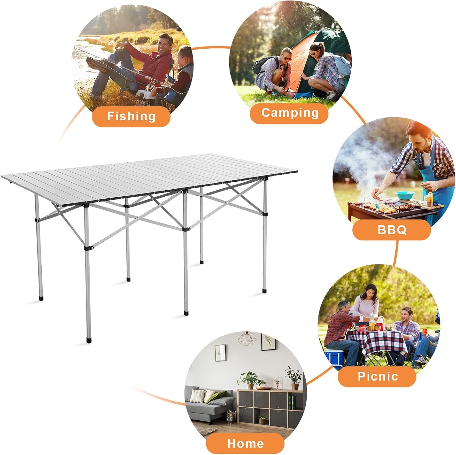 Folding Camping Table, Portable Aluminium Picnic Table with Roll-Up Tabletop & Carrying Bag, Lightweight Grill Table for Outdoor Hiking, BBQ, Party, 55" L X 28" W X 28" H