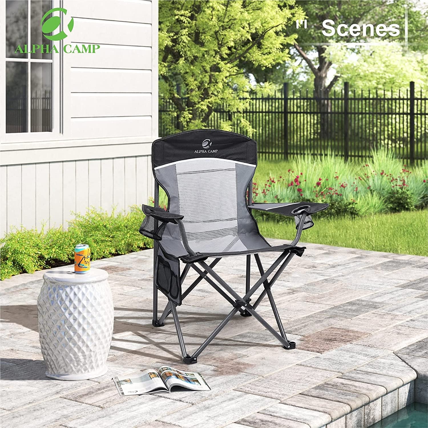 Mesh Back Camping Chair Portable Folding Heavy Duty Outdoor Large Chair Support 330 LBS Durable Large Arm Chair with Cup Holder and Carry Bag for Camp, Fishing, Hiking