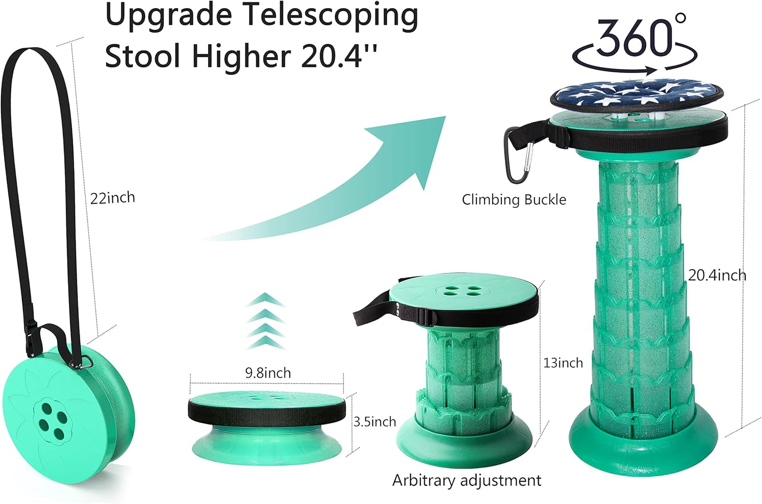20.4" Portable Collapsible Stool - Telescopic & Retractable with Cushion, Lightweight Folding Stool - Capacity 550 Lbs - Bag Included for Outdoor, Garden, Hiking, BBQ