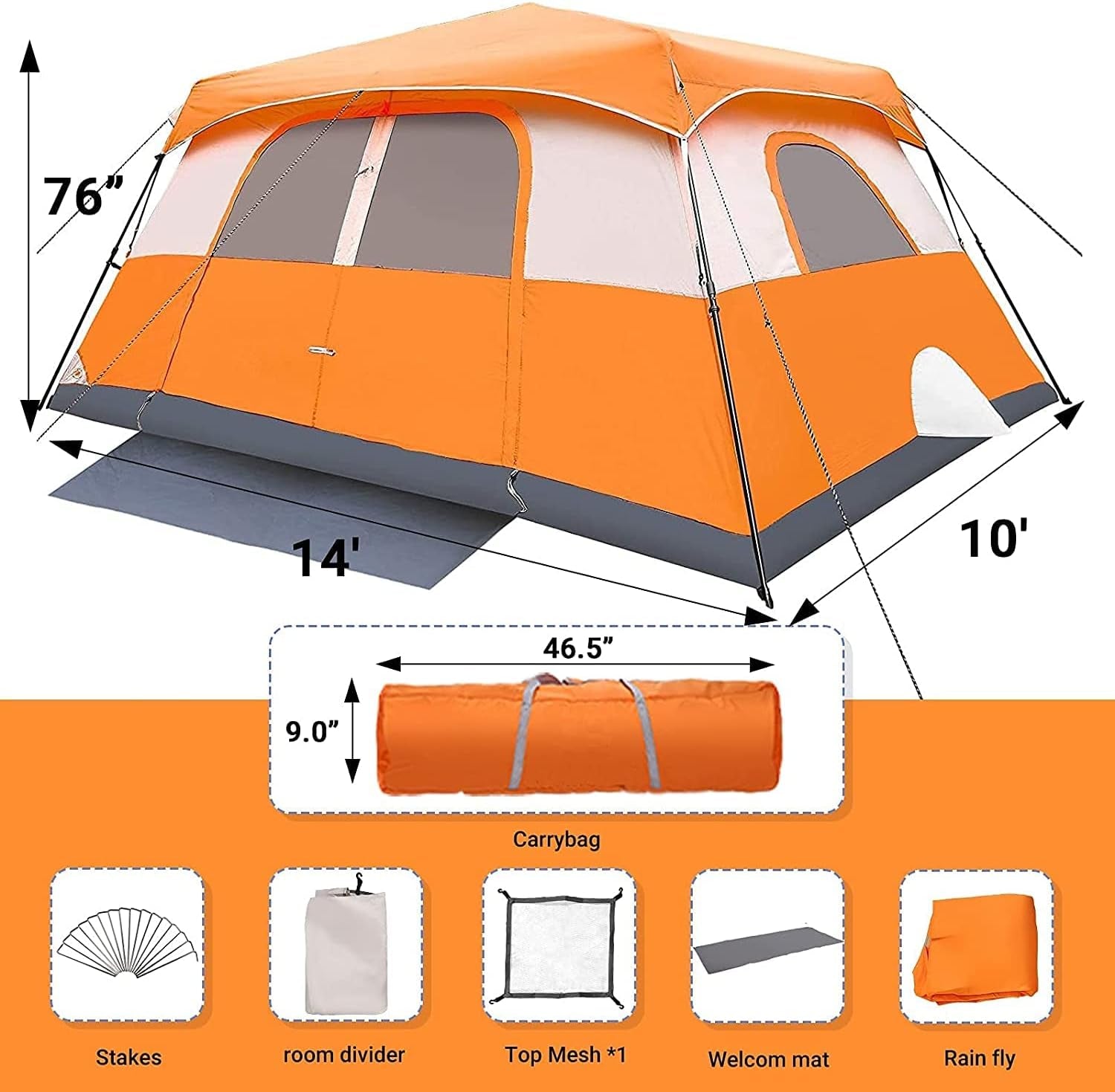 Tent, 10 Person 60 Sec Setup Family Camping Tent, Waterproof & Windproof Tent with Top Rainfly, Instant Cabin Tent, Upgraded Ventilation System (Orange)