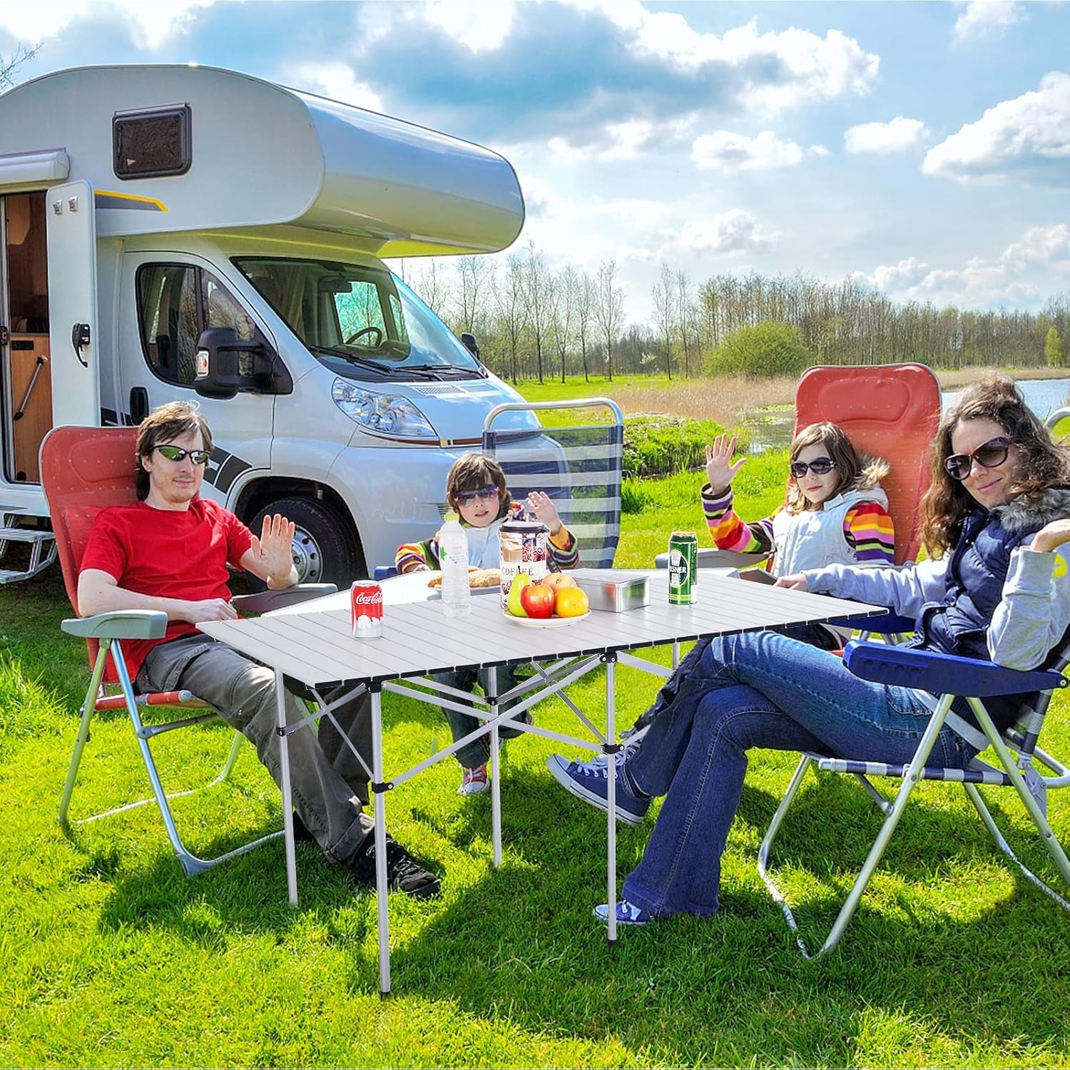 Folding Camping Table, Portable Aluminium Picnic Table with Roll-Up Tabletop & Carrying Bag, Lightweight Grill Table for Outdoor Hiking, BBQ, Party, 55" L X 28" W X 28" H