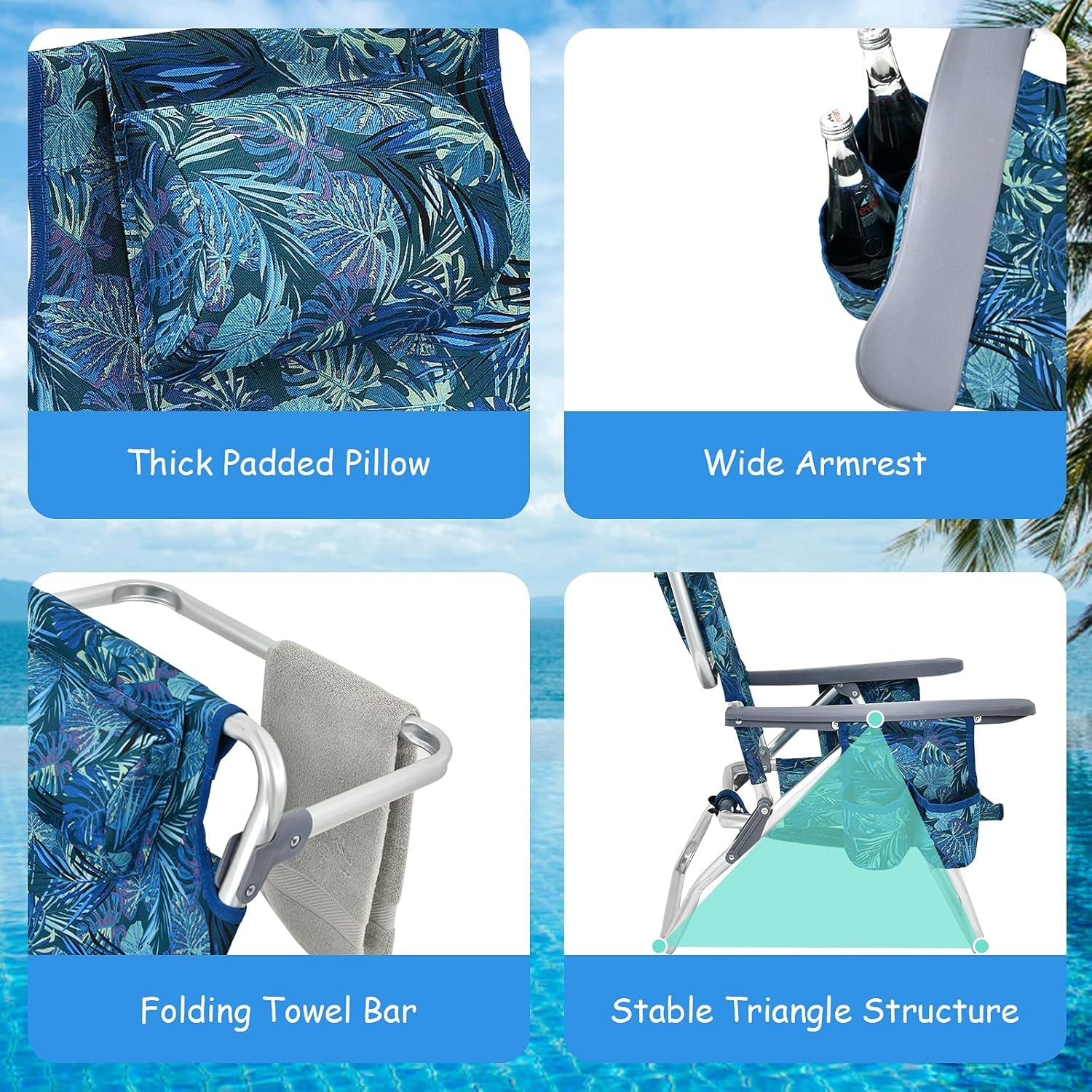 Beach Chair, Folding Backpack Beach Chairs for Adults with 5 Positions, Head Pillow, Cooler Bag, Towel Bar, Cup Holders, Sunbath Sling Tanning Lounge, Foldable Layout Camping Chairs
