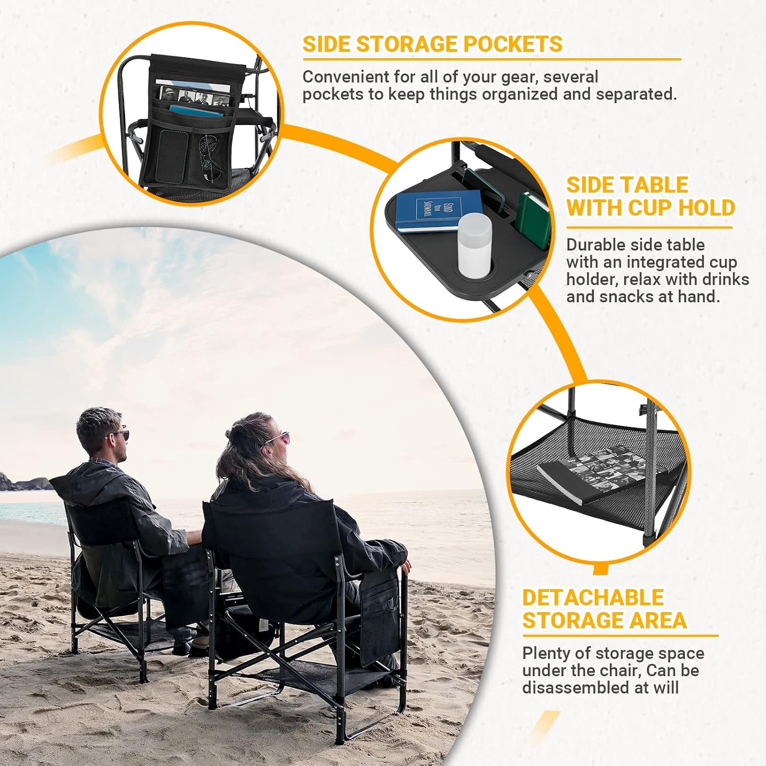 Directors Chair with Side Table, Portable Folding Camping Chairs 300Lbs Heavy Duty Seat with Pocket, Breathable Mesh Back & Compact Design for Camping Hiking Backpacking Fishing