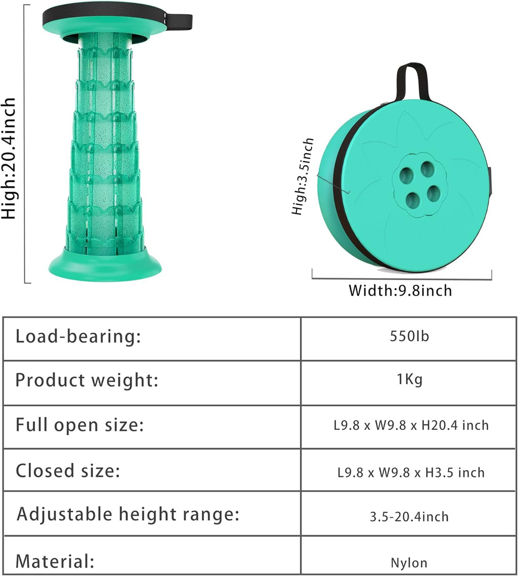 20.4" Portable Collapsible Stool - Telescopic & Retractable with Cushion, Lightweight Folding Stool - Capacity 550 Lbs - Bag Included for Outdoor, Garden, Hiking, BBQ