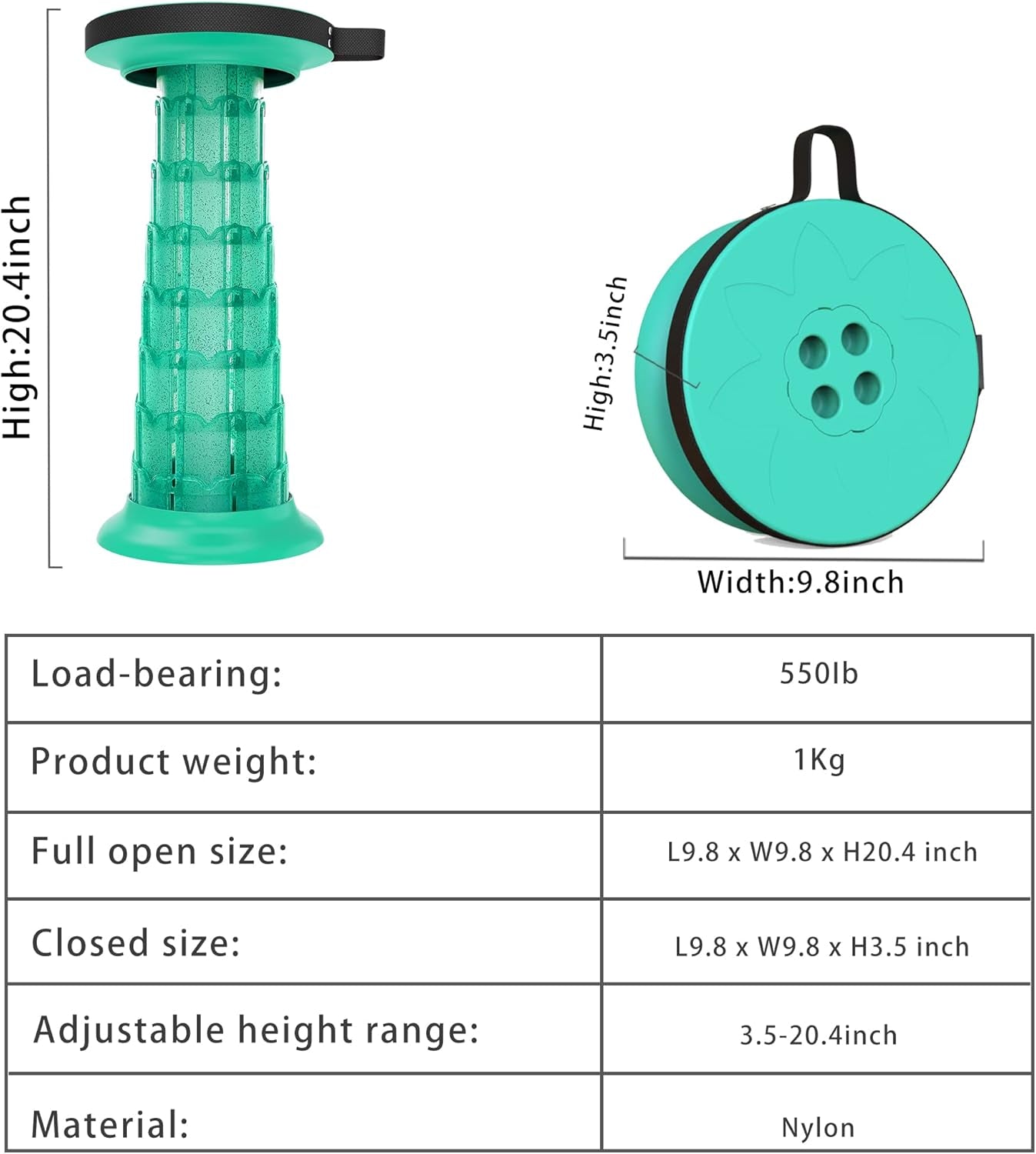 20.4" Portable Collapsible Stool - Telescopic & Retractable with Cushion, Lightweight Folding Stool - Capacity 550 Lbs - Bag Included for Outdoor, Garden, Hiking, BBQ