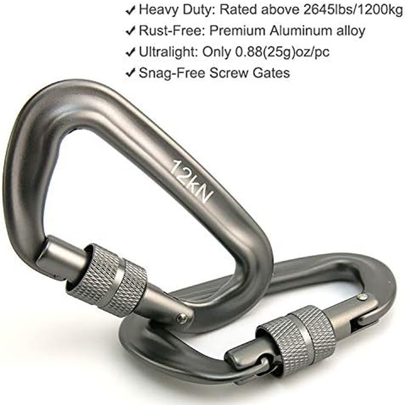 12Kn 3.2"X2" Heavy-Duty Carabiner Clips - Durable, Lightweight Aluminum Alloy Carabiners for Hiking, Camping, Keychains, Dog Leashes, Hammocks & More