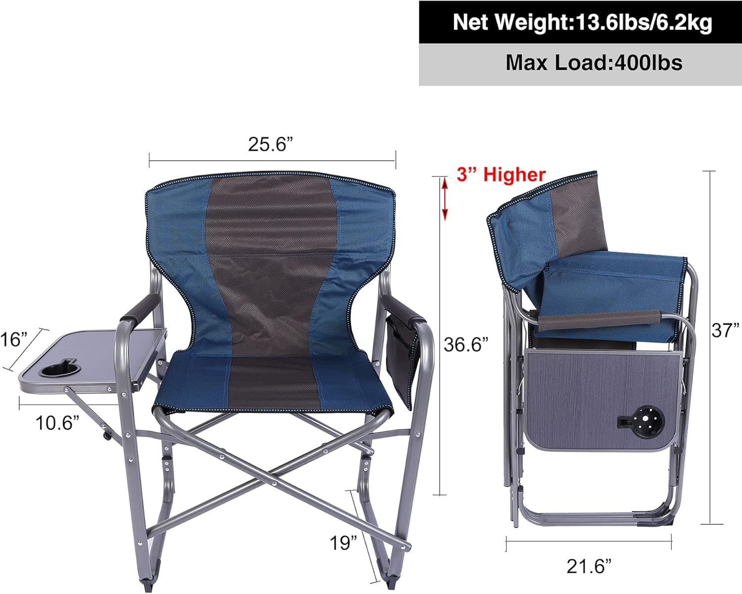 Oversized Camping Chairs for Adults 2 Pack, Sturdy Heavy Duty Folding Director Chair with Side Table, Portable for Outdoor outside Sport Lawn, Blue 2 Pack