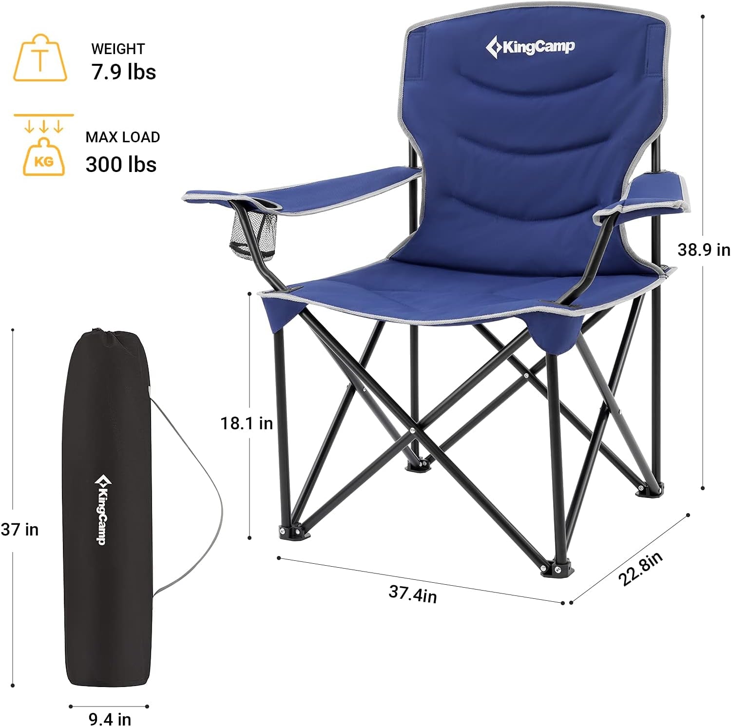 Oversized Folding Adults Large Padded Camp Chair with Side Pocket, Blue-Deep