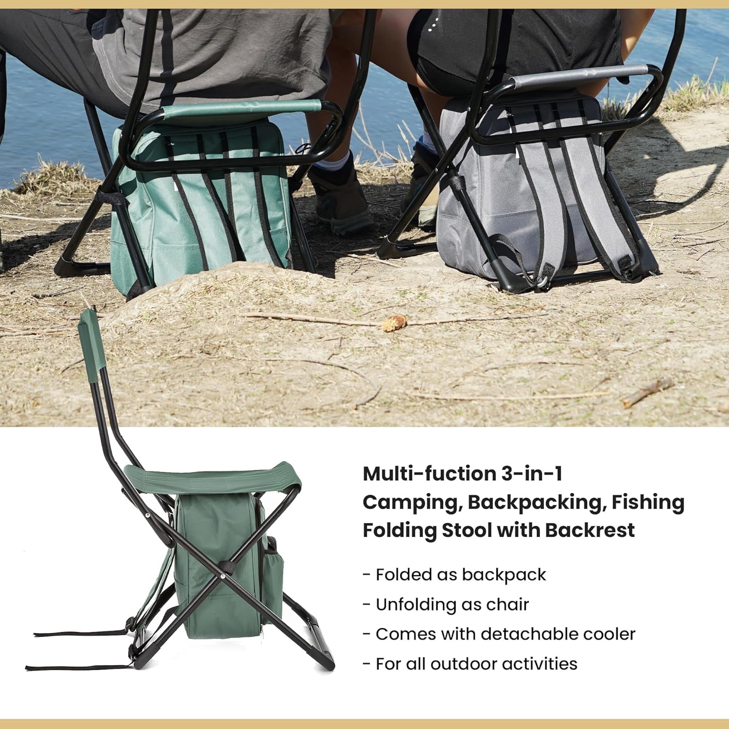 Multi-Function 3-In-1 Compact Camp Chair: Backpack, Stool & Insulated Cooler, W/Bottle Holder & Storage Bag, External Pockets, Backrest, Fishing, Hiking, Heavy-Duty, Usa-Based