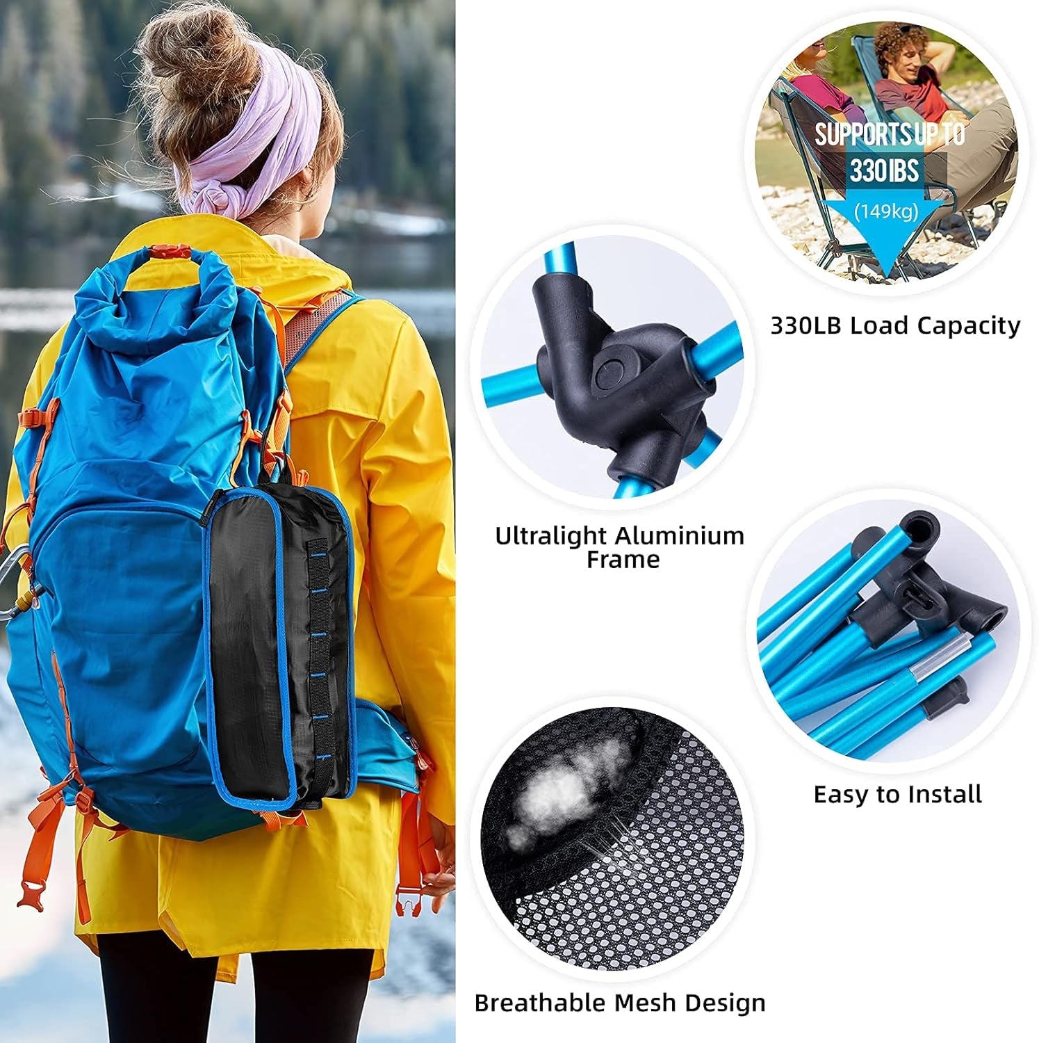 Portable Camping Folding Chairs,Ultralight Outdoor Backpacking Chairs,Compact Breathable Mesh Load Capacity 330Lb with Carry Bag for Outdoor Camp, Travel, Beach, Hiking Camping Seat