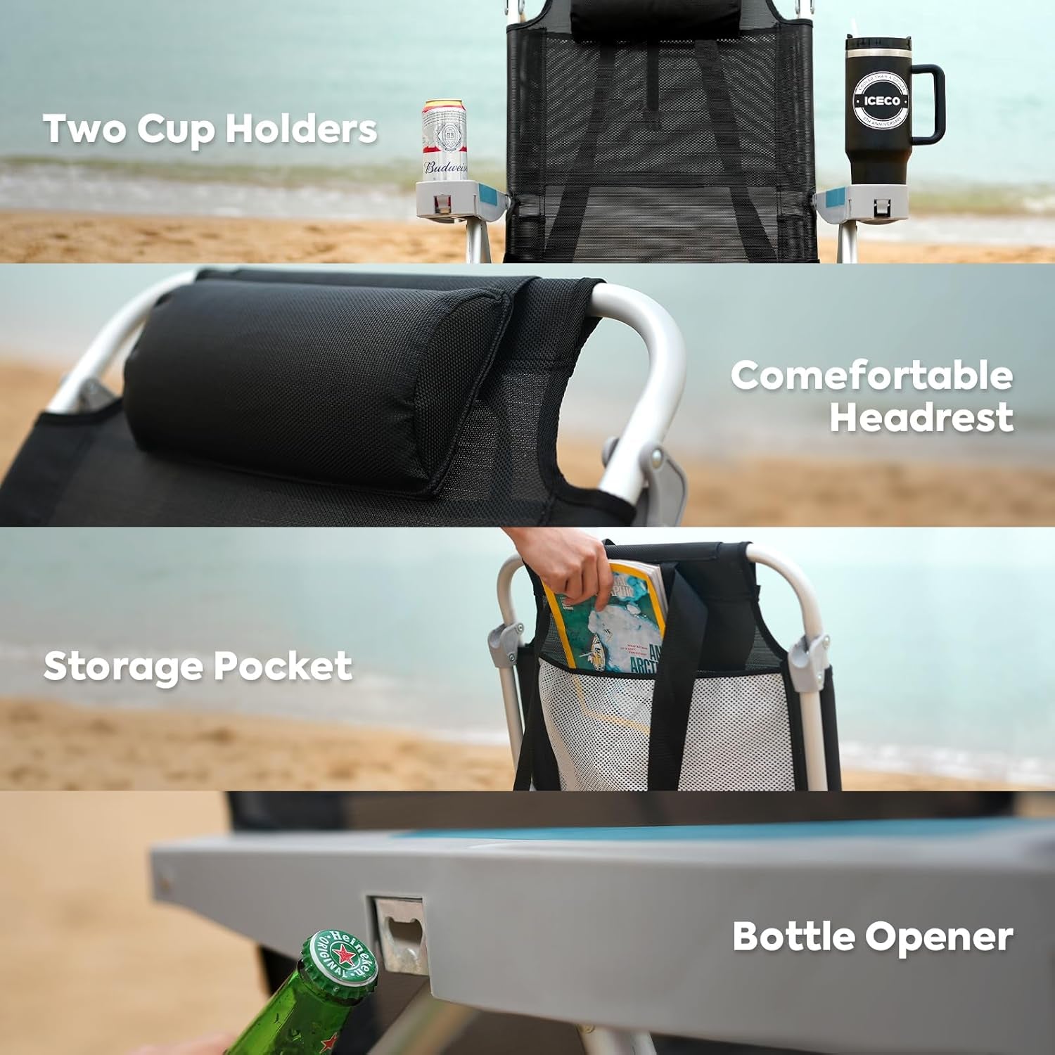 Backpacking Beach Chairs for Adults, 5 Positions Reclining, Heavy Duty Folding Beach Chairs, Portable Lay Flat Outdoor Chair with Cup Holder for Camping, Lawn, 350Lb Capacity