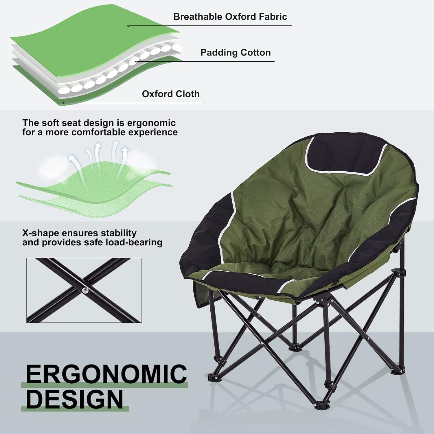 Oversized Moon Chairs Camping Chair round Chair Folding Portable Outdoor Chair with Storage Bag, Green