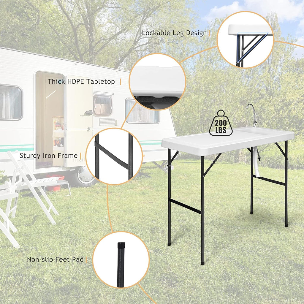 Fish Cleaning Table, Portable Camping Sink with Faucet, Outdoor Picnic Foldable Washing Table, White
