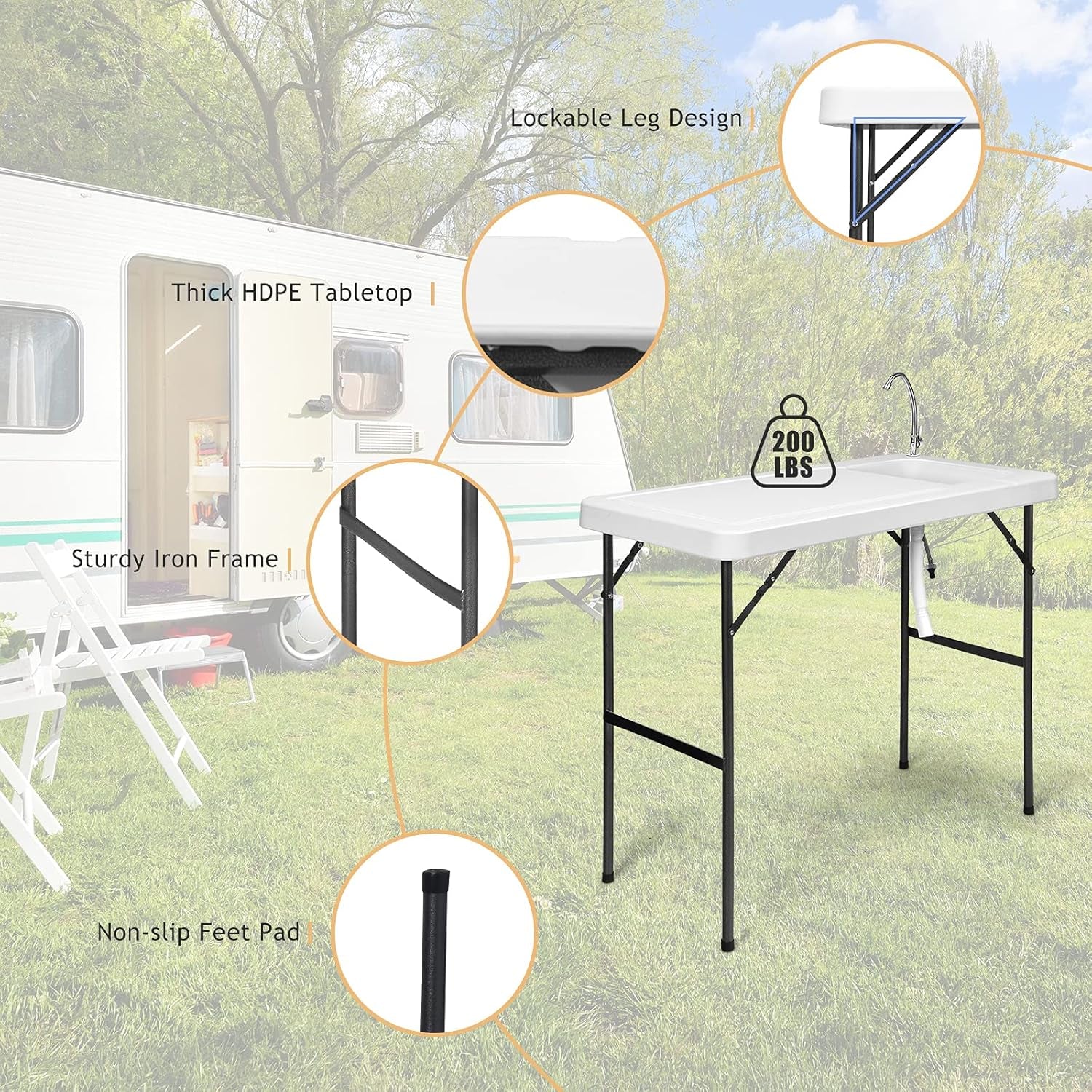Fish Cleaning Table, Portable Camping Sink with Faucet, Outdoor Picnic Foldable Washing Table, White