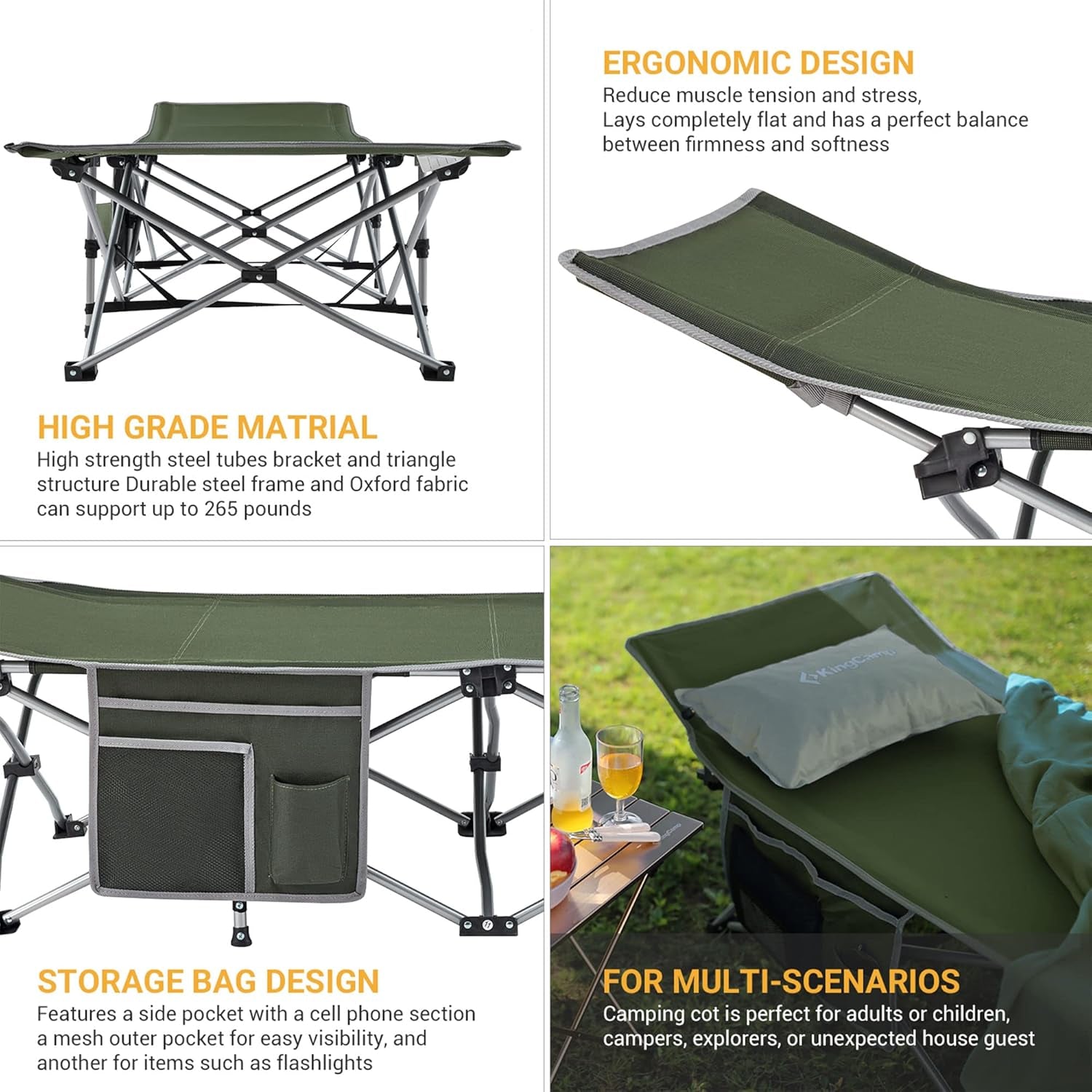 Folding Camping Cot for Adults,Portable Sturdy Sleeping Cot with Carry Bag Outdoor Lightweight Camping Bed Support 264 Lbs,Large Outdoor Foldable Travel Cots for Camping Beach Home Nap