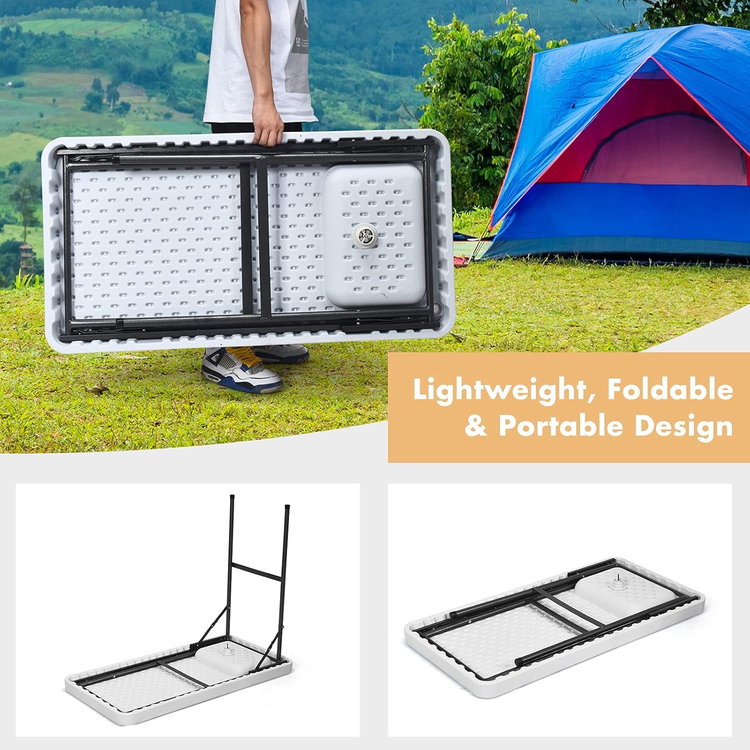 Fish Cleaning Table, Portable Camping Sink with Faucet, Outdoor Picnic Foldable Washing Table, White