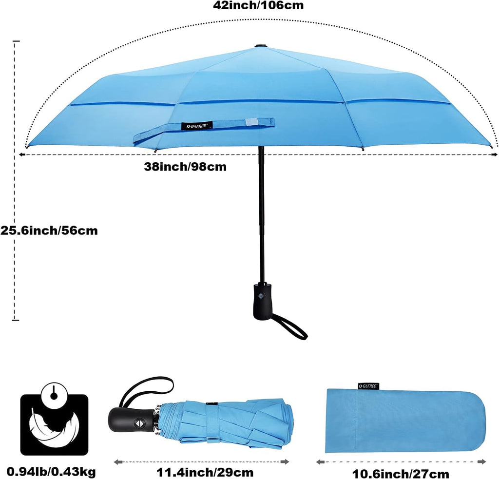 42 Inch Compact Travel Umbrella, Windproof Small Folding Backpack Umbrella for Rain, Auto Open and Close Button(Sky Blue)