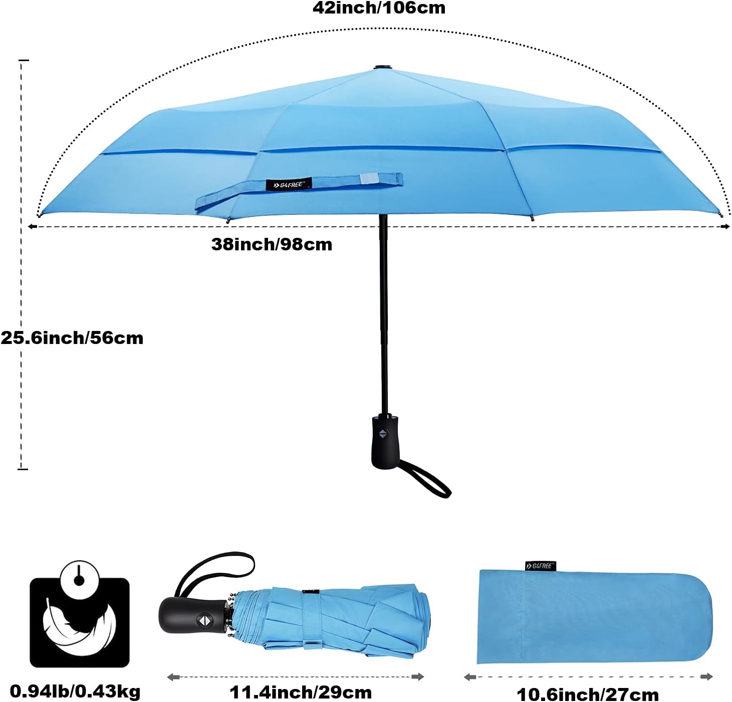 42 Inch Compact Travel Umbrella, Windproof Small Folding Backpack Umbrella for Rain, Auto Open and Close Button(Sky Blue)