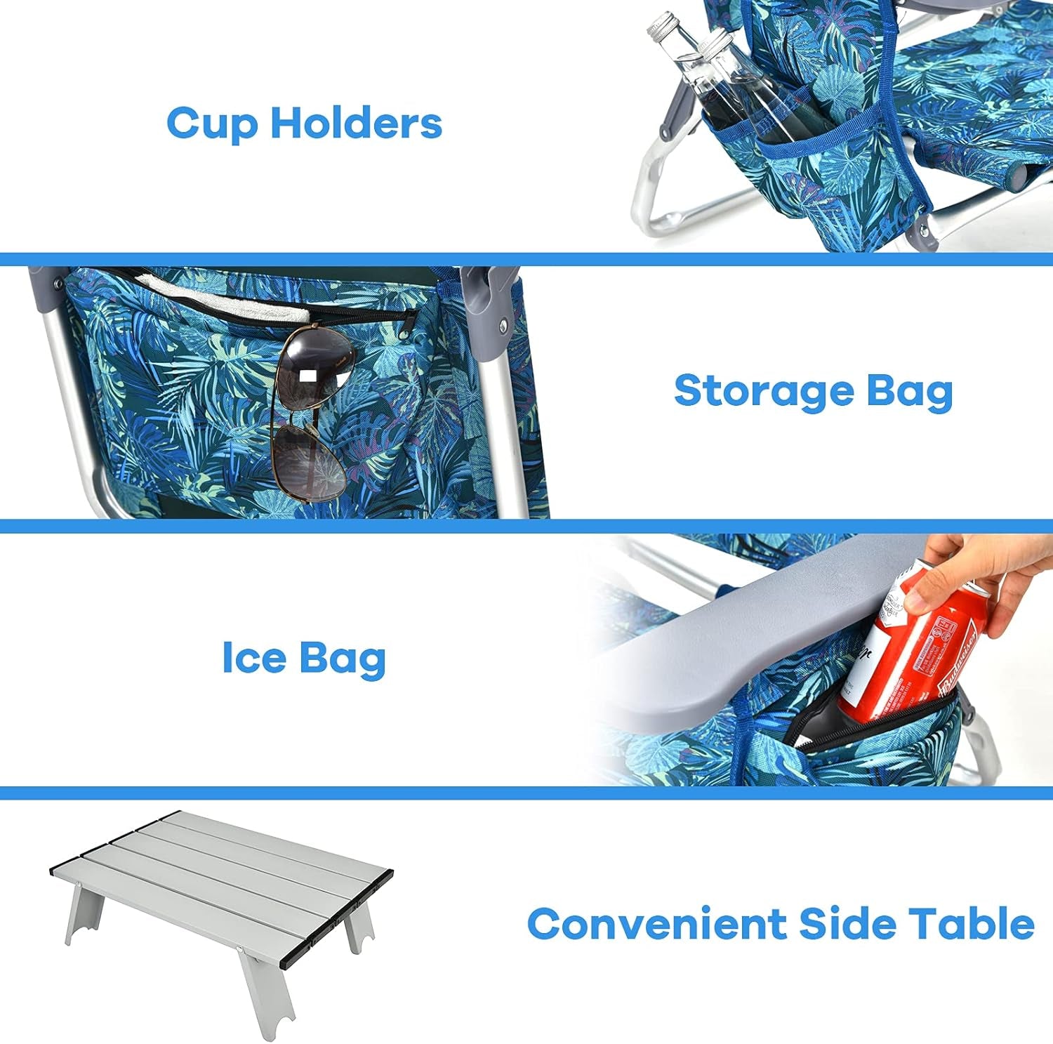 Beach Chair, Folding Backpack Beach Chairs for Adults with 5 Positions, Head Pillow, Cooler Bag, Towel Bar, Cup Holders, Sunbath Sling Tanning Lounge, Foldable Layout Camping Chairs