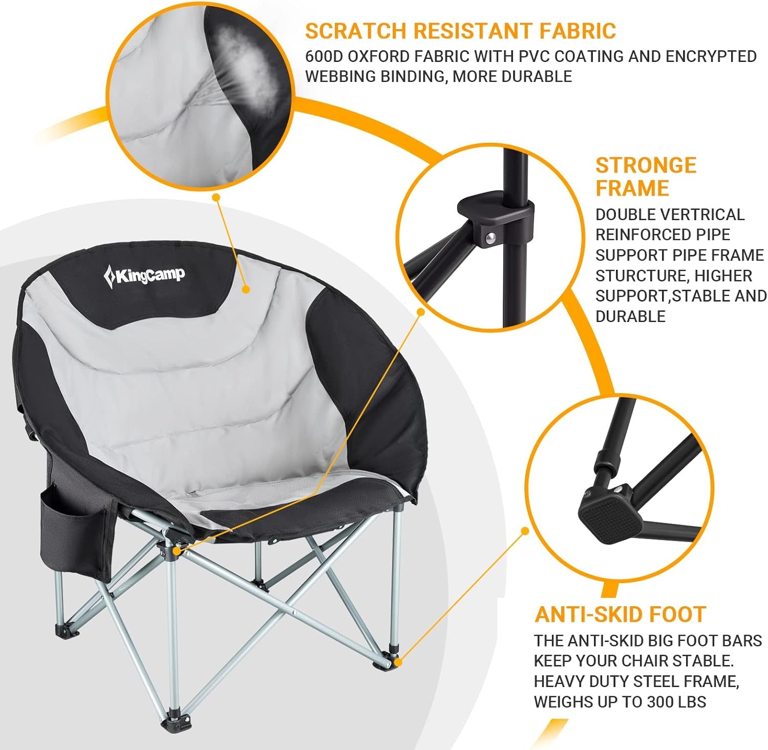 Camping Chair Oversized Padded Moon round Saucer Chairs Camping Folding Chair with Cup Holder,Storage Bag,Carry Bag for Camping, Hiking Fishing Sports Balck&Grey Camping Chair