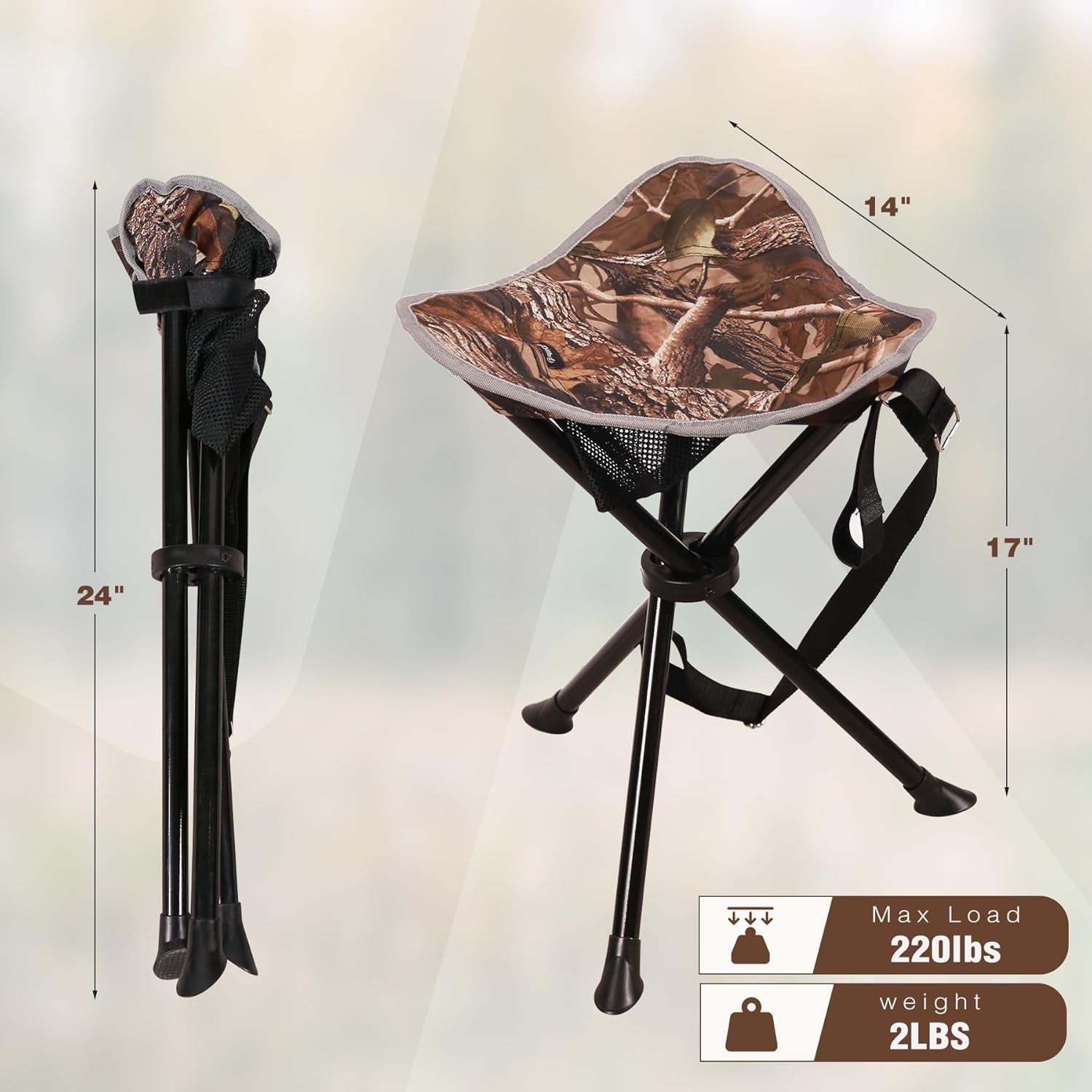 Camping Stool Folding 2 Pack, Portable and Lightweight Tripod Camp Stools for Fishing Backpacking Hiking Hunting, Camouflage