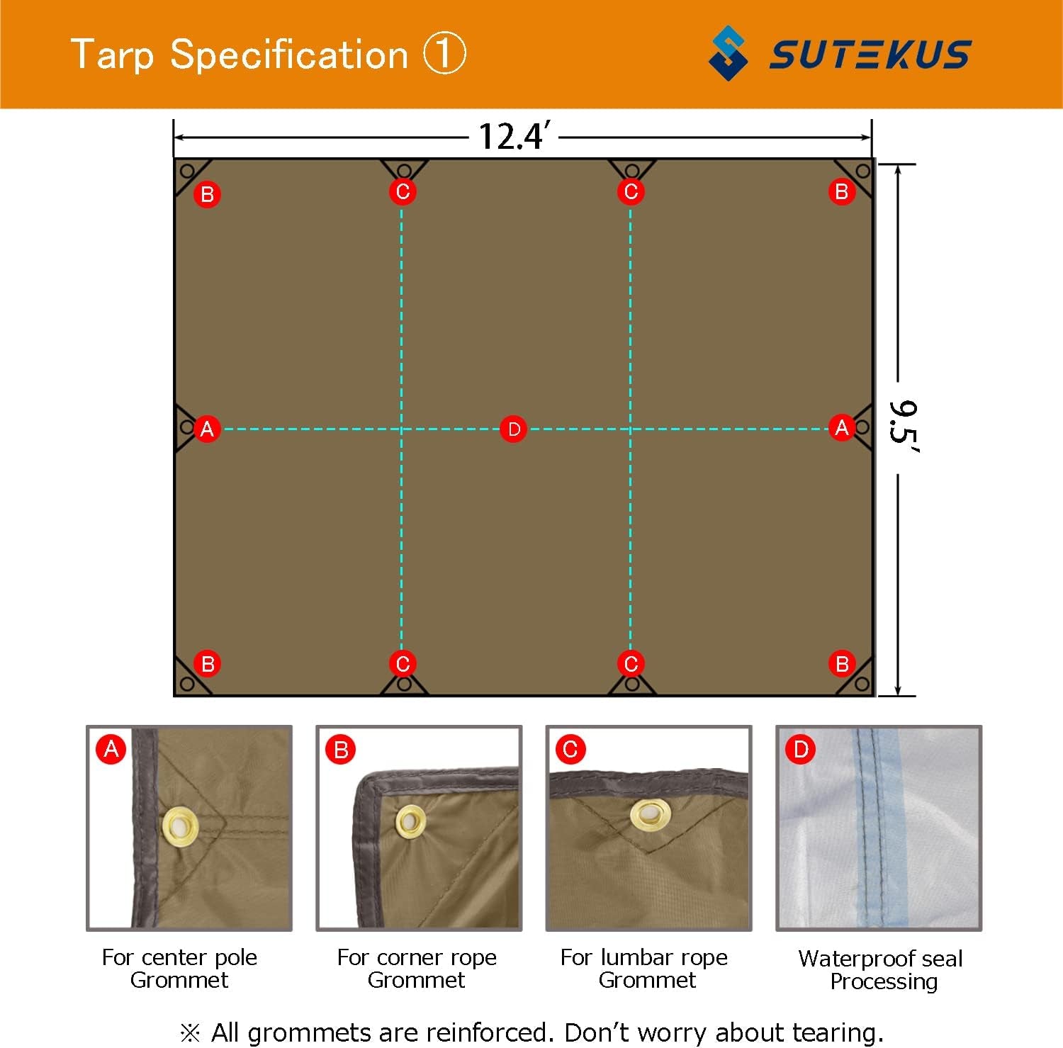 Camping Tarp Rain Fly Tarp Waterproof Tent Tarp Lightweight Ripstop Fabric 12FT Extra Large Tarp (Khaki)