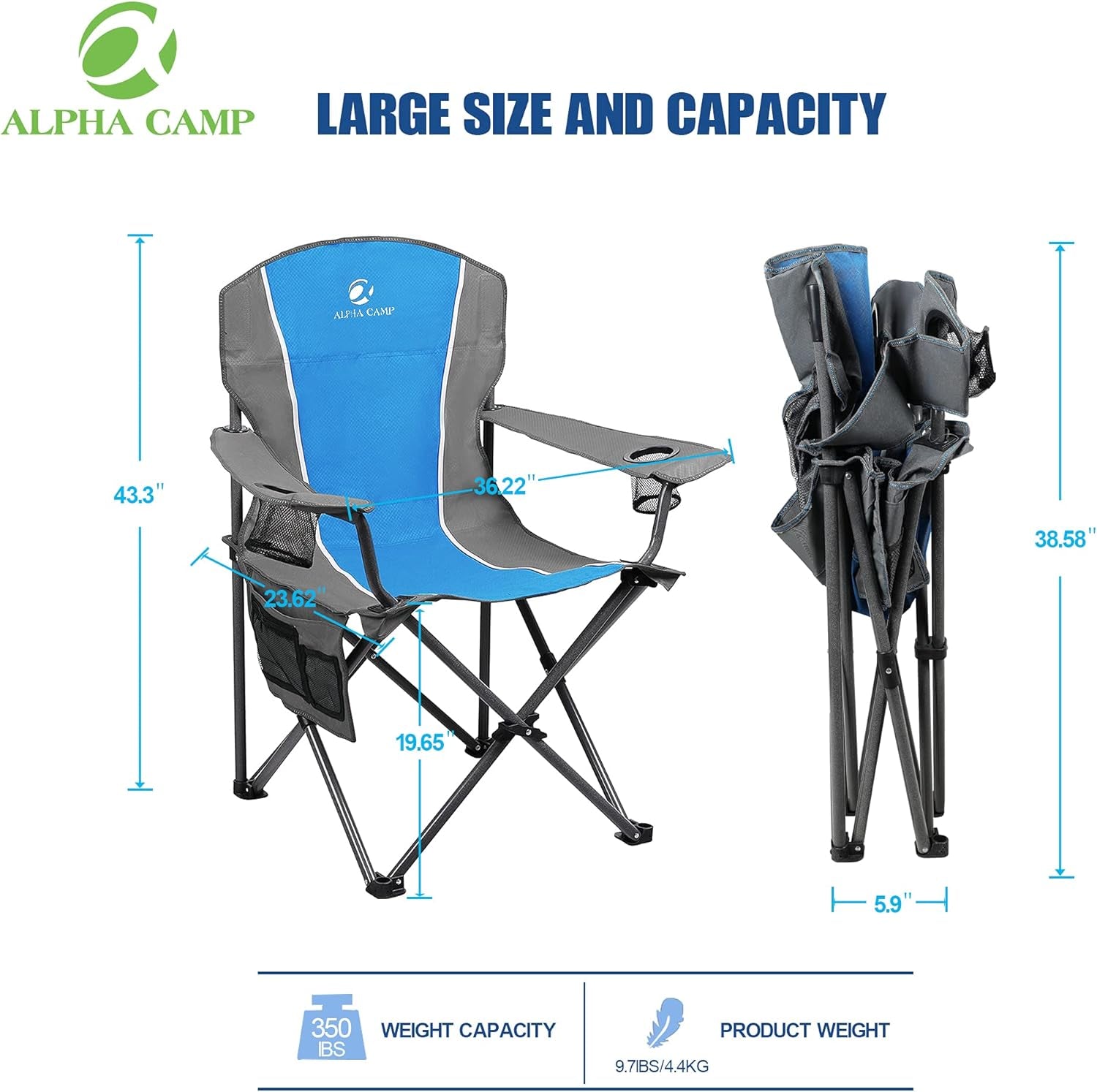 Oversized Outdoors Folding Camping Chair Heavy Duty Padded Arm Chair with Cup Holder and Storage Bag, 350 LBS Weight Capacity