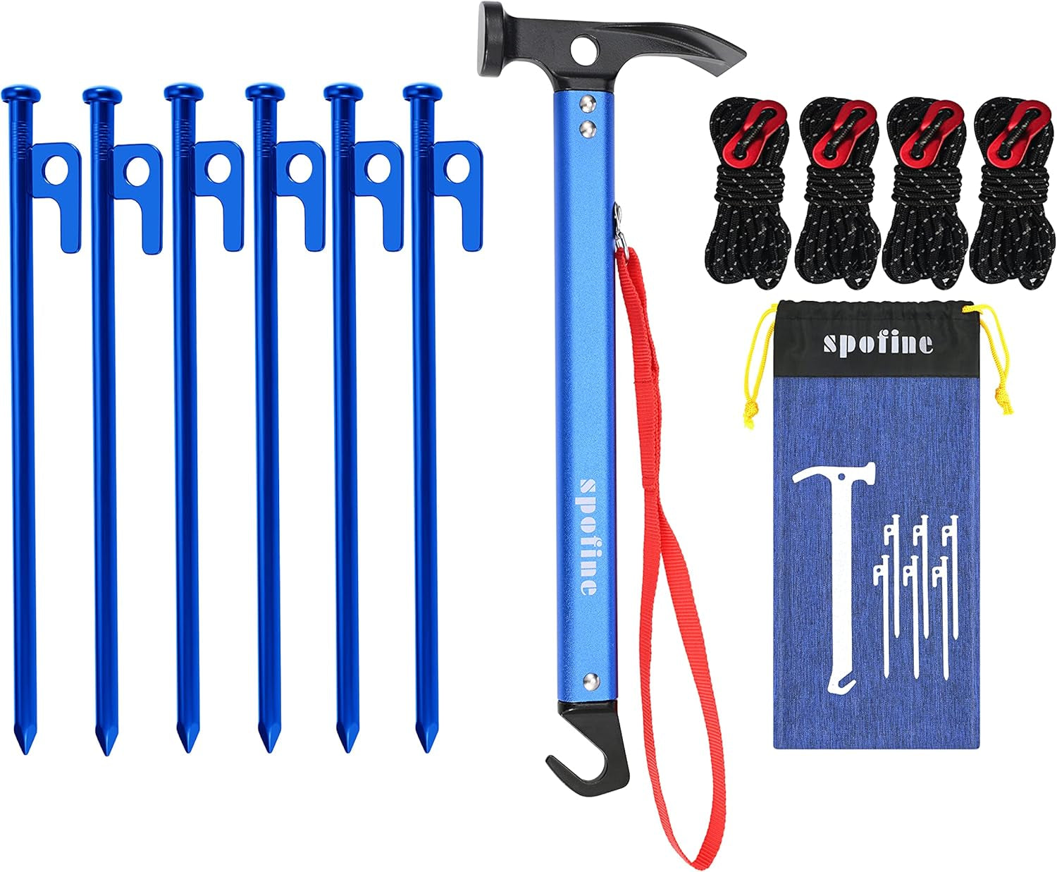 Tent Stakes, 6Pcs Heavy Duty Tent Stakes Metal with Tent Hammer 13Ft Reflective Ropes, Camping Accessories Kit with Tent Pegs Aluminum Mallet Storage Bag for Camping Hiking Backpacking
