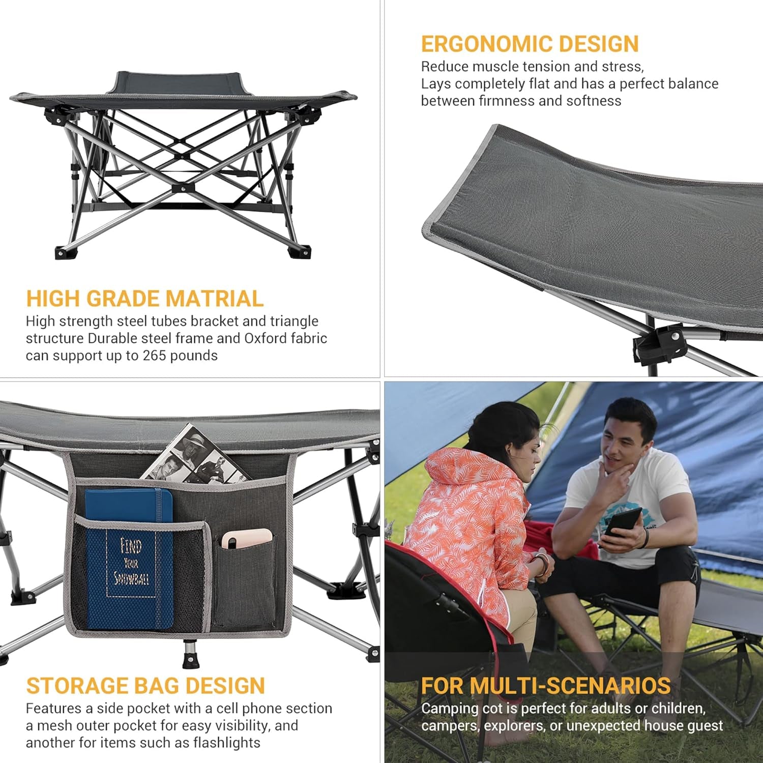 Folding Camping Cot for Adults,Portable Sturdy Sleeping Cot with Carry Bag Outdoor Lightweight Camping Bed Support 264 Lbs,Large Outdoor Foldable Travel Cots for Camping Beach Home Nap