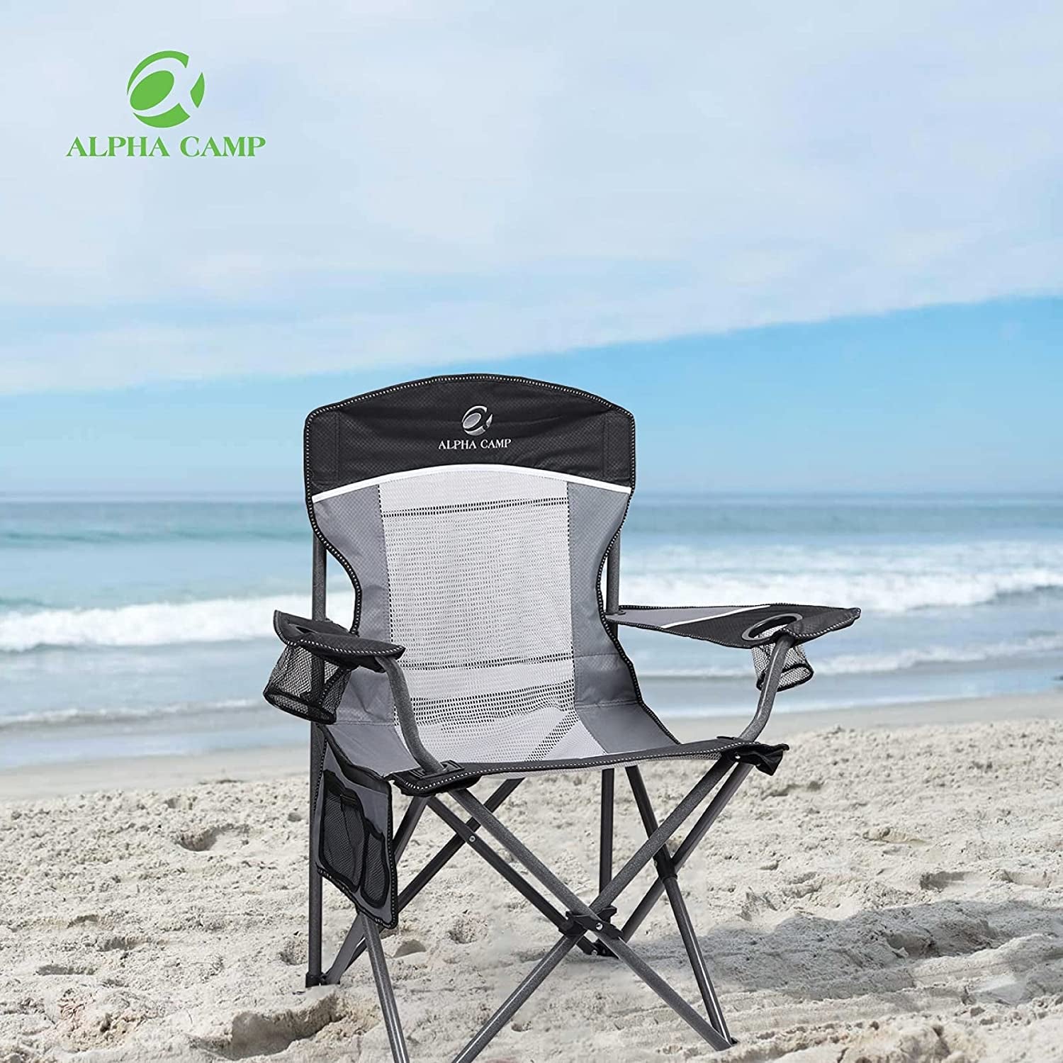 Mesh Back Camping Chair Portable Folding Heavy Duty Outdoor Large Chair Support 330 LBS Durable Large Arm Chair with Cup Holder and Carry Bag for Camp, Fishing, Hiking