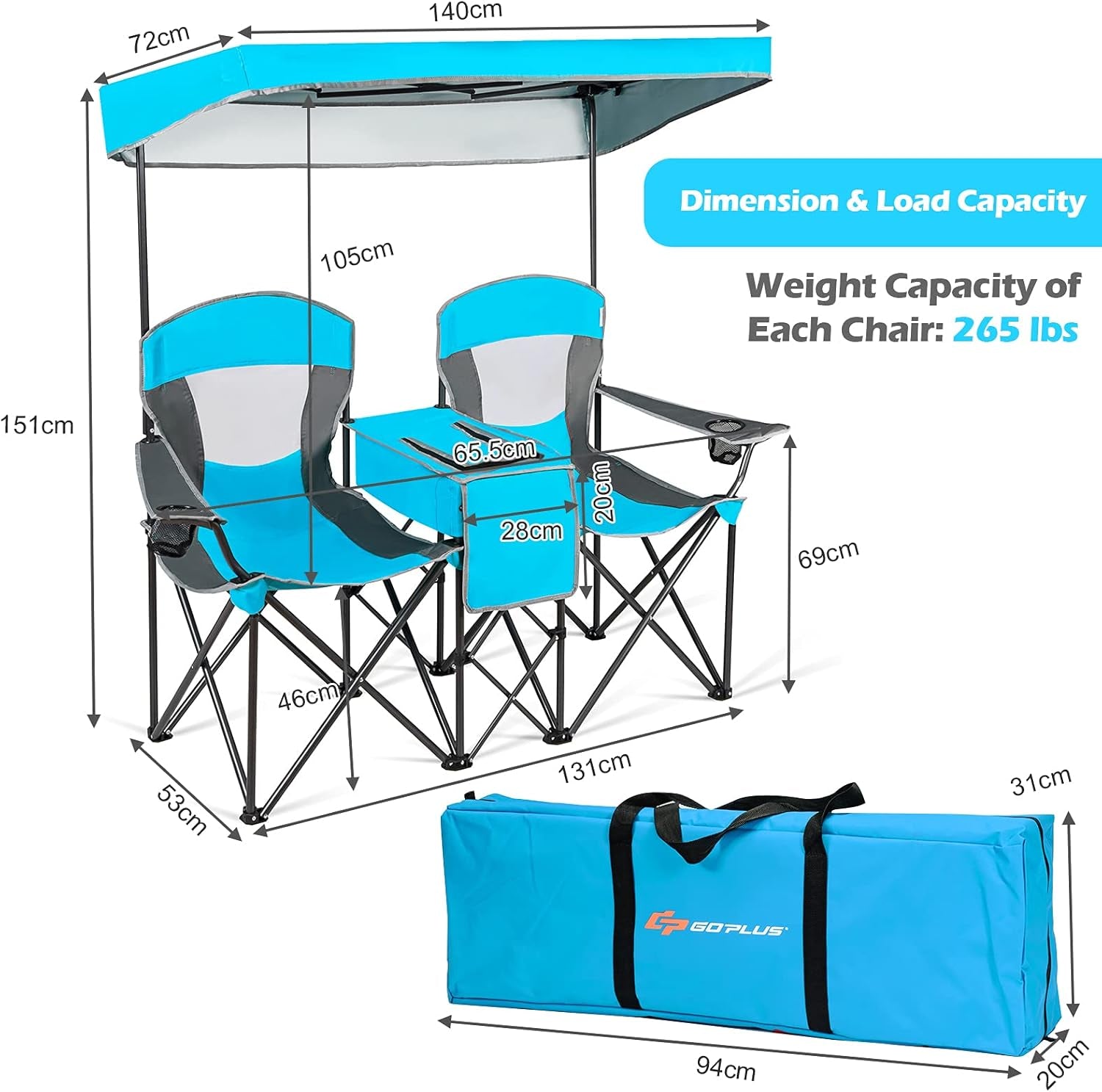 Double Beach Chair with Canopy Shade, Folding Lawn Camping Chairs with Sunshade & Mini Table Beverage Holder & Carrying Bag for Outdoor Travel Hiking Fishing Poolside