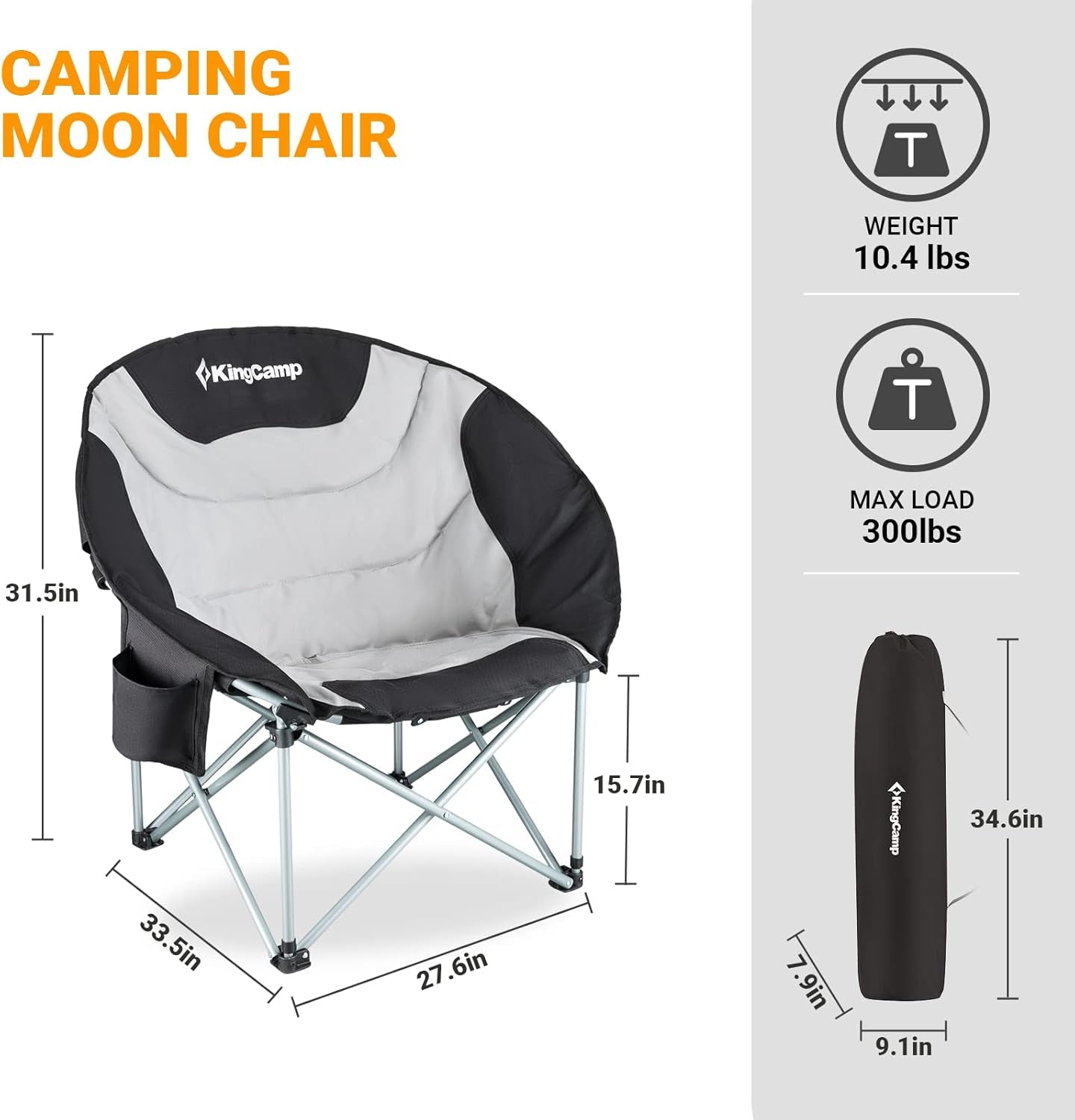 Camping Chair Oversized Padded Moon round Saucer Chairs Camping Folding Chair with Cup Holder,Storage Bag,Carry Bag for Camping, Hiking Fishing Sports Balck&Grey Camping Chair