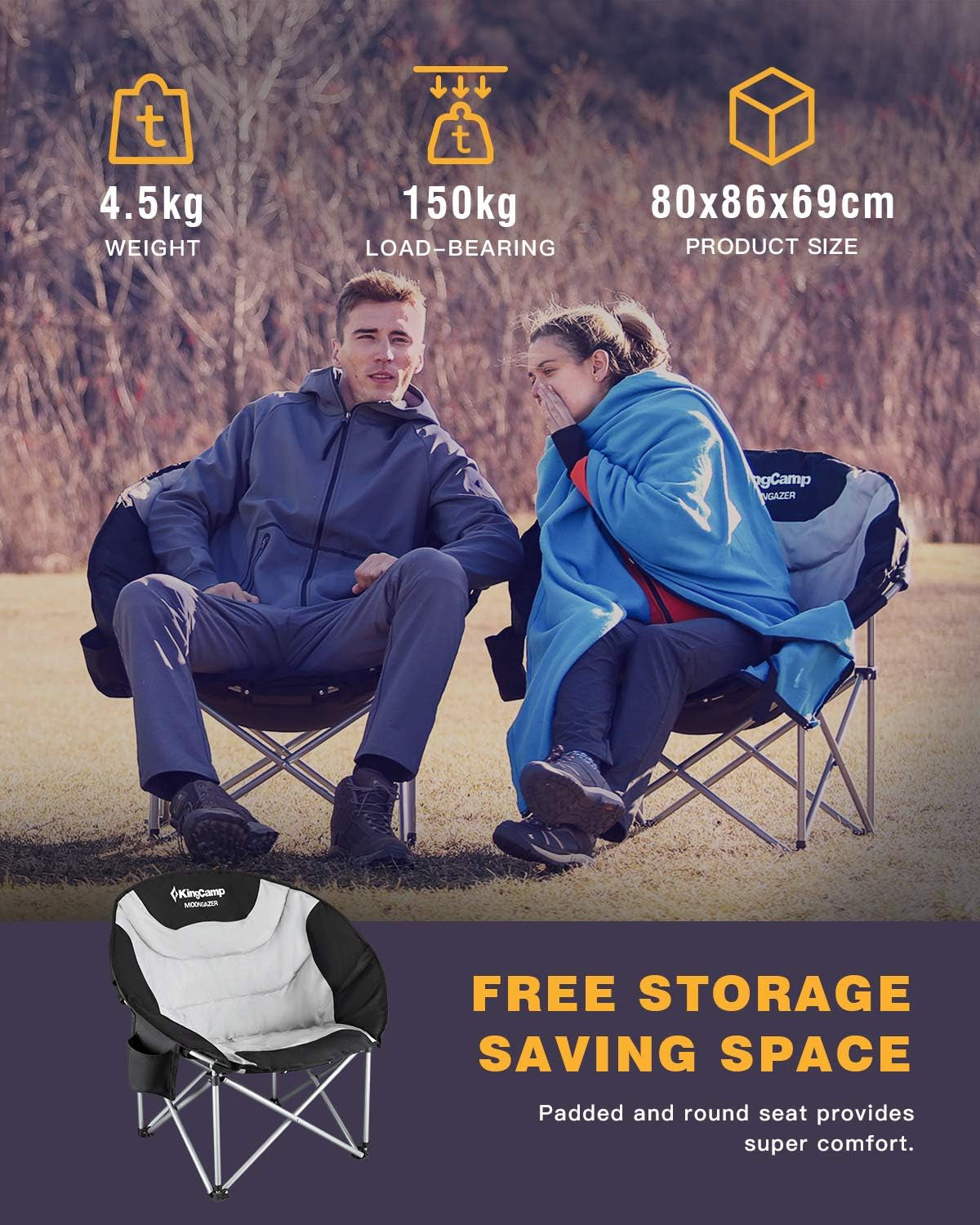 Camping Chair Oversized Padded Moon round Saucer Chairs Camping Folding Chair with Cup Holder,Storage Bag,Carry Bag for Camping, Hiking Fishing Sports Balck&Grey Camping Chair