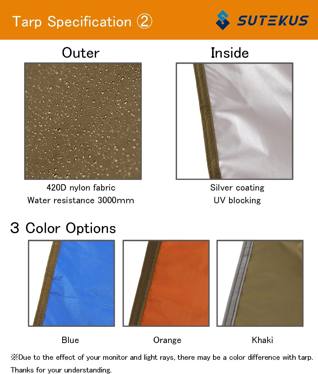 Camping Tarp Rain Fly Tarp Waterproof Tent Tarp Lightweight Ripstop Fabric 12FT Extra Large Tarp (Khaki)