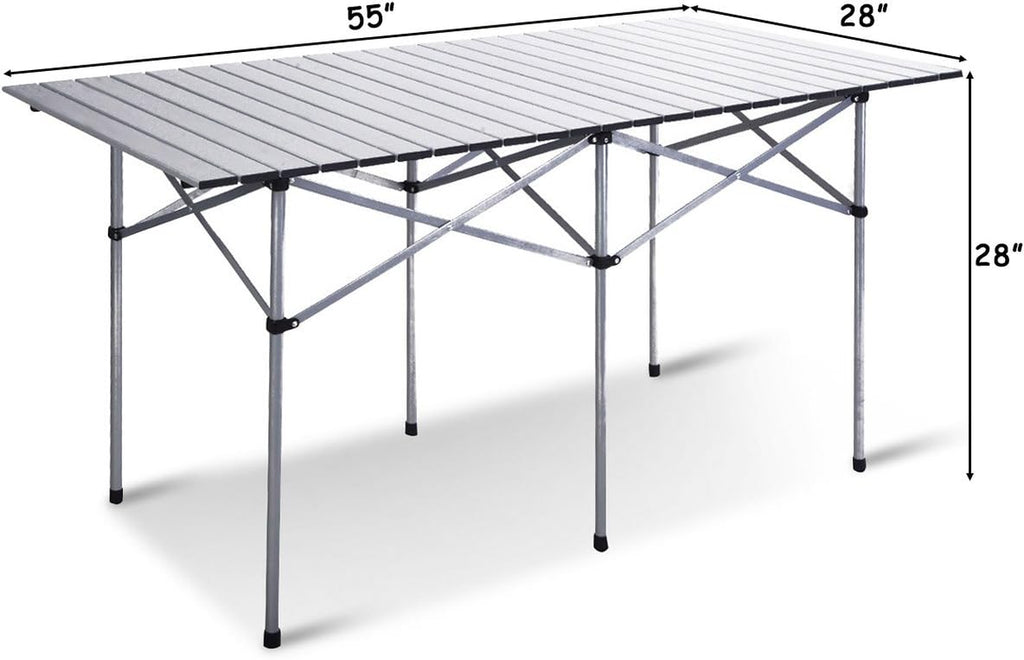 Folding Camping Table, Portable Aluminium Picnic Table with Roll-Up Tabletop & Carrying Bag, Lightweight Grill Table for Outdoor Hiking, BBQ, Party, 55" L X 28" W X 28" H