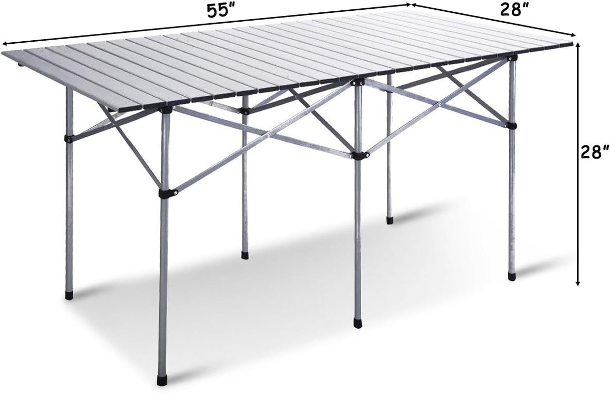 Folding Camping Table, Portable Aluminium Picnic Table with Roll-Up Tabletop & Carrying Bag, Lightweight Grill Table for Outdoor Hiking, BBQ, Party, 55" L X 28" W X 28" H