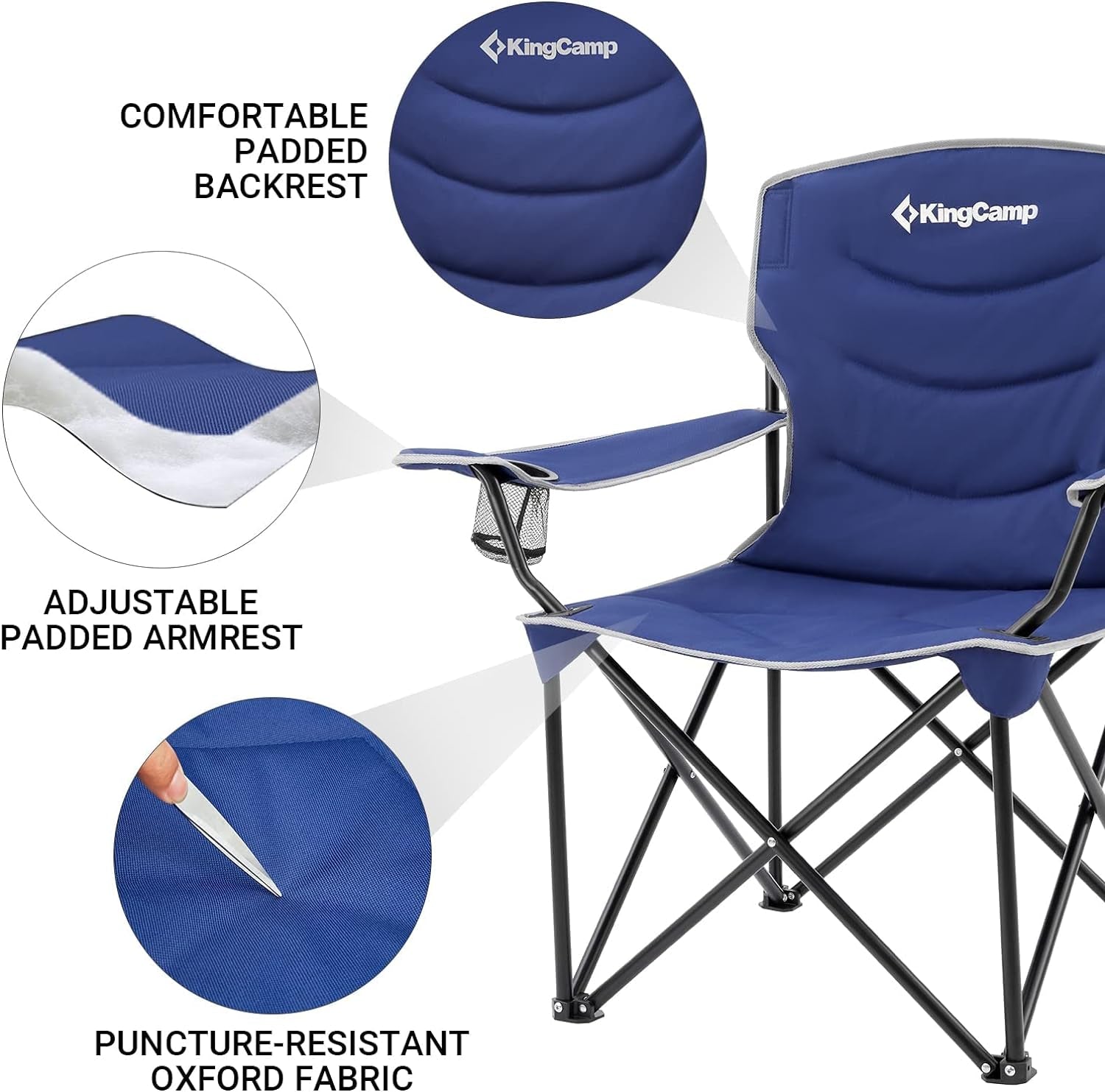 Oversized Folding Adults Large Padded Camp Chair with Side Pocket, Blue-Deep