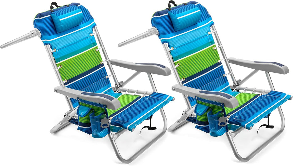 Cooler+ Folding Backpack Beach Chair with 5 Positions, Towel Bar, XL Cooler Pouch, Storage Net, Cup and Phone Holder, Deep Sea, 2 Pack