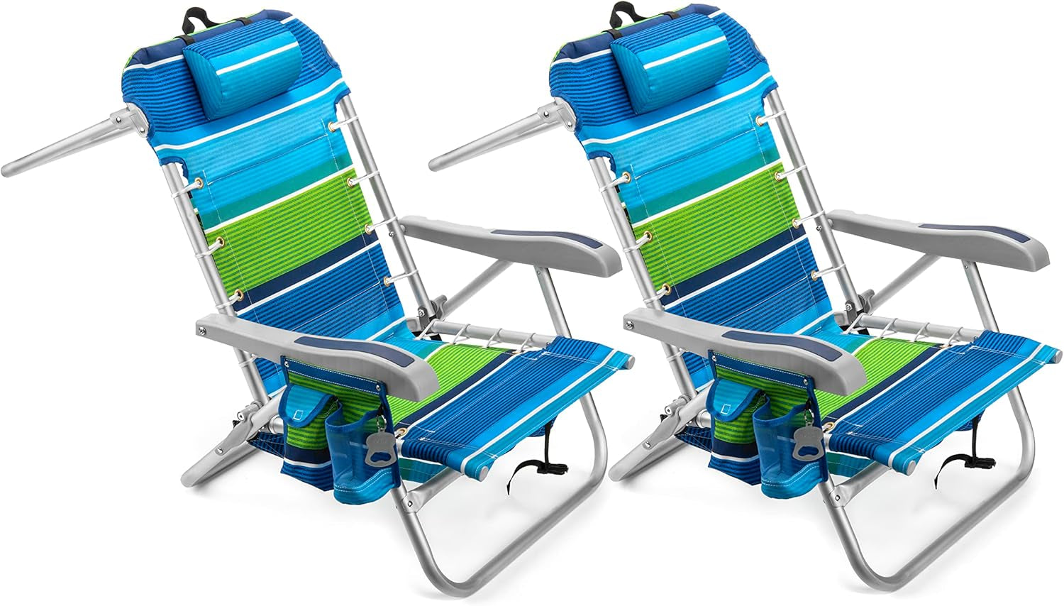 Cooler+ Folding Backpack Beach Chair with 5 Positions, Towel Bar, XL Cooler Pouch, Storage Net, Cup and Phone Holder, Deep Sea, 2 Pack